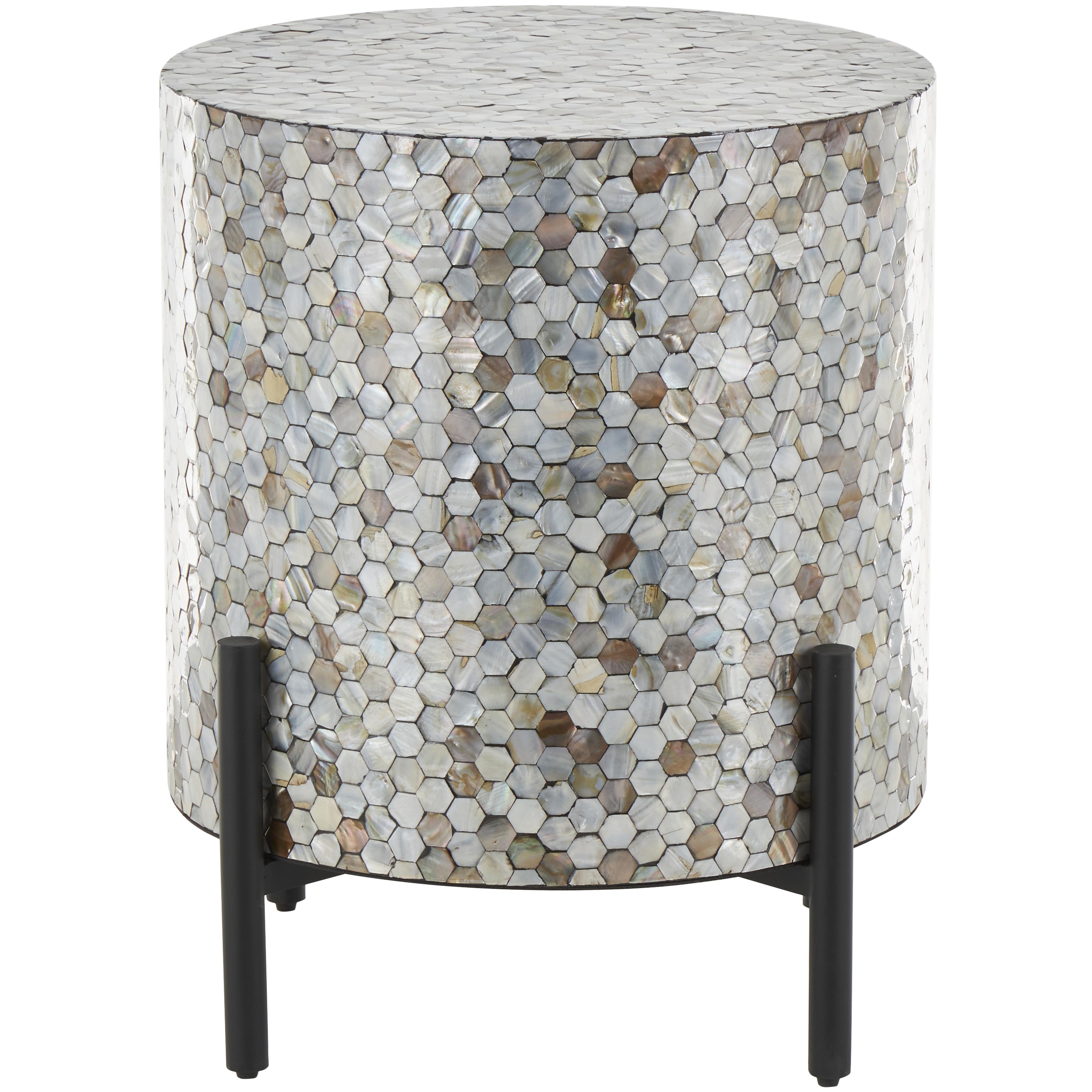 Geometric Mother of Pearl Shell Handmade Inlay Side End Accent Table with Black Legs 18" x 18" x 22"
