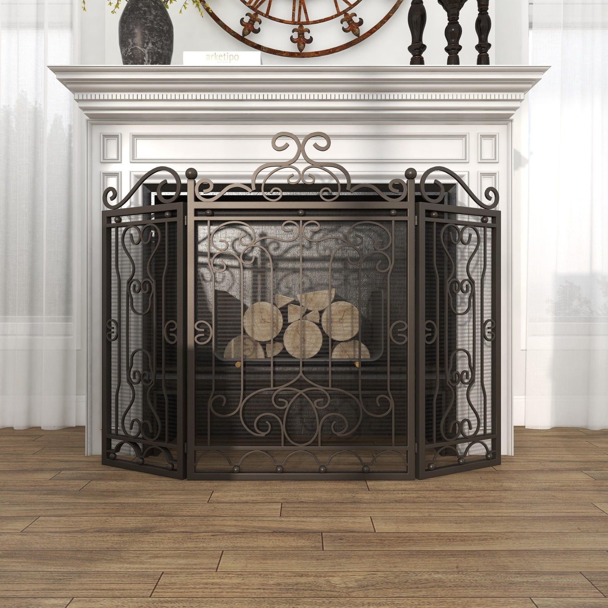 Scroll Dark Brown Metal Foldable Mesh Netting 3 Panel Living Room Fireplace Screen