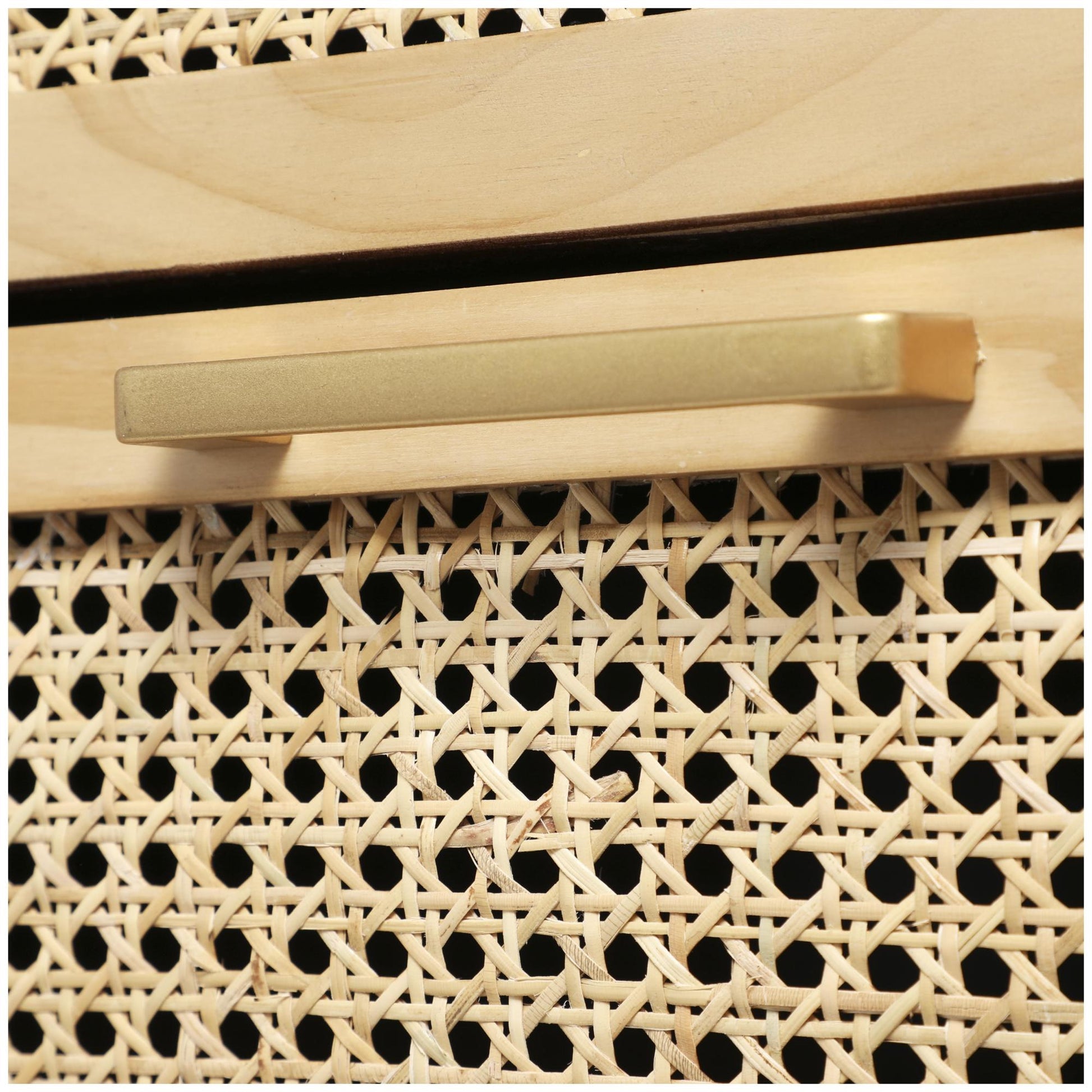 Wood 3 Drawer Room Chest with Beige Rattan Drawers and Gold Handles