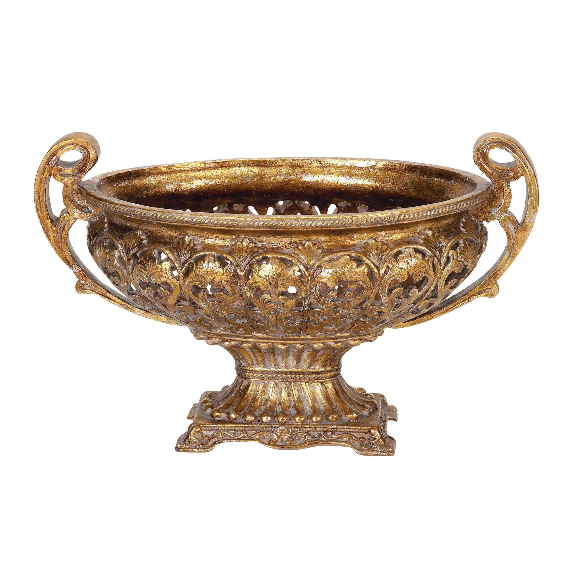 Leaf Gold Polystone Ornate Large Decorative Bowl with Handles