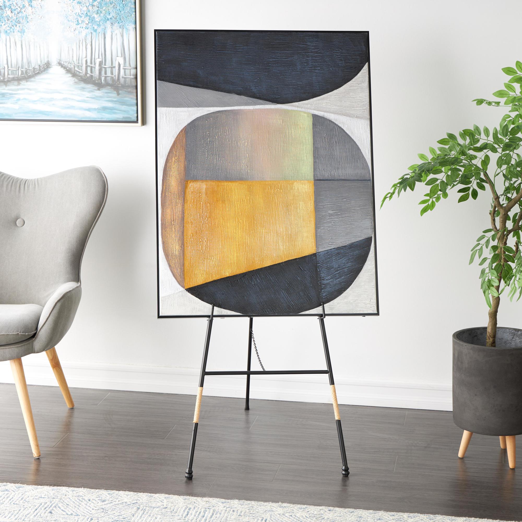Black Metal Slim Foldable Floor 2 Tier Display Easel with Wrapped Rattan Accents