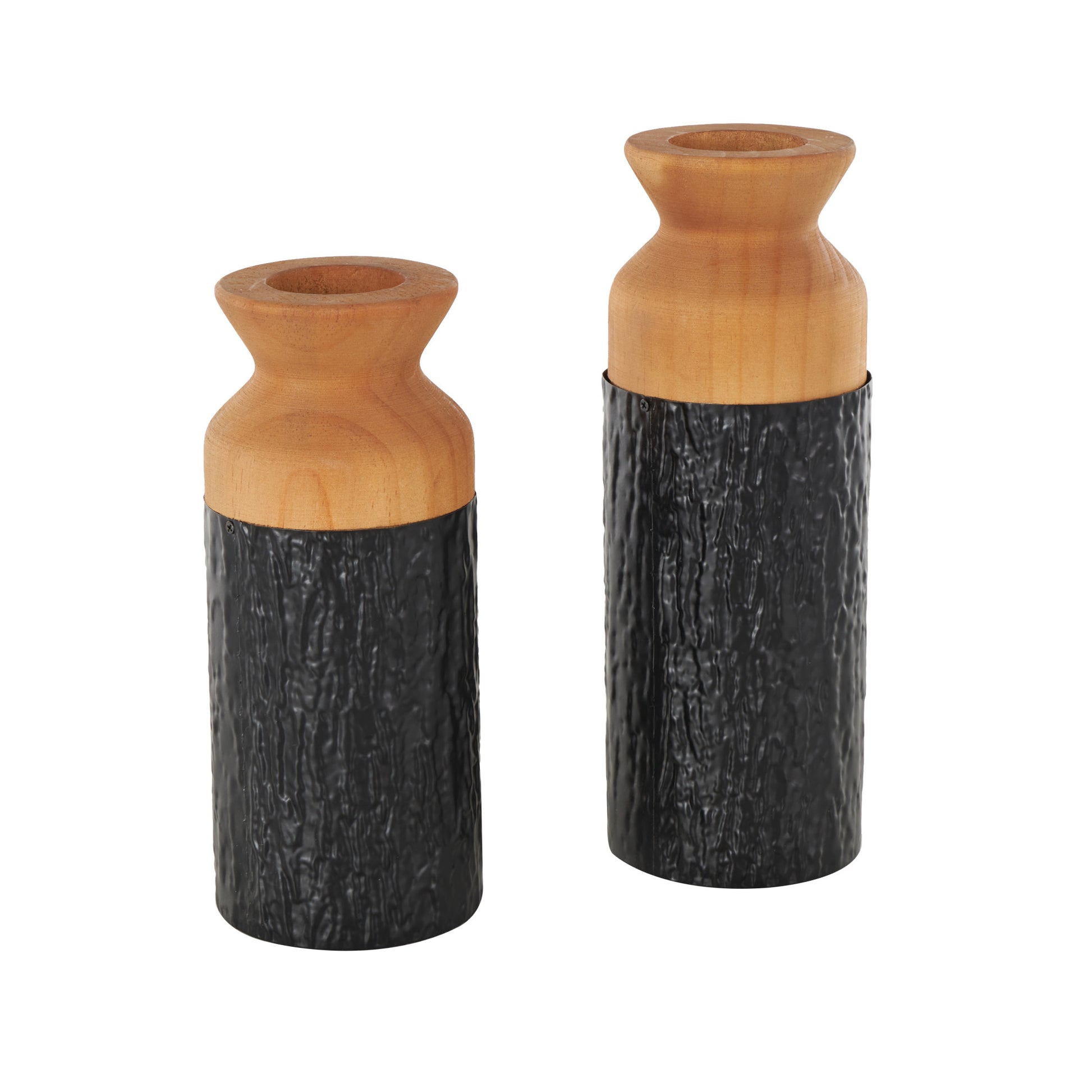 Set of 2 Metal Abstract Textured Color Block Decorative Vase with Brown Wood Tops