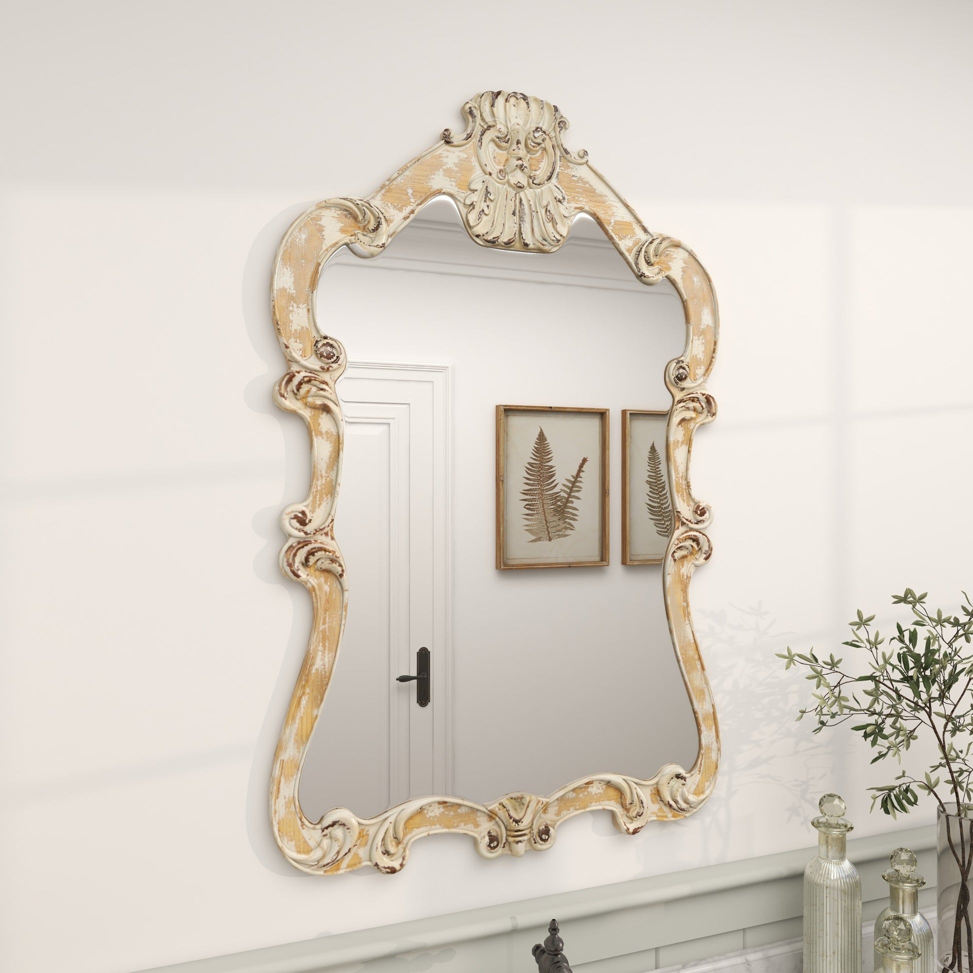 Scroll Cream Wood Distressed Vintage Carved Acanthus Room Wall Mirror