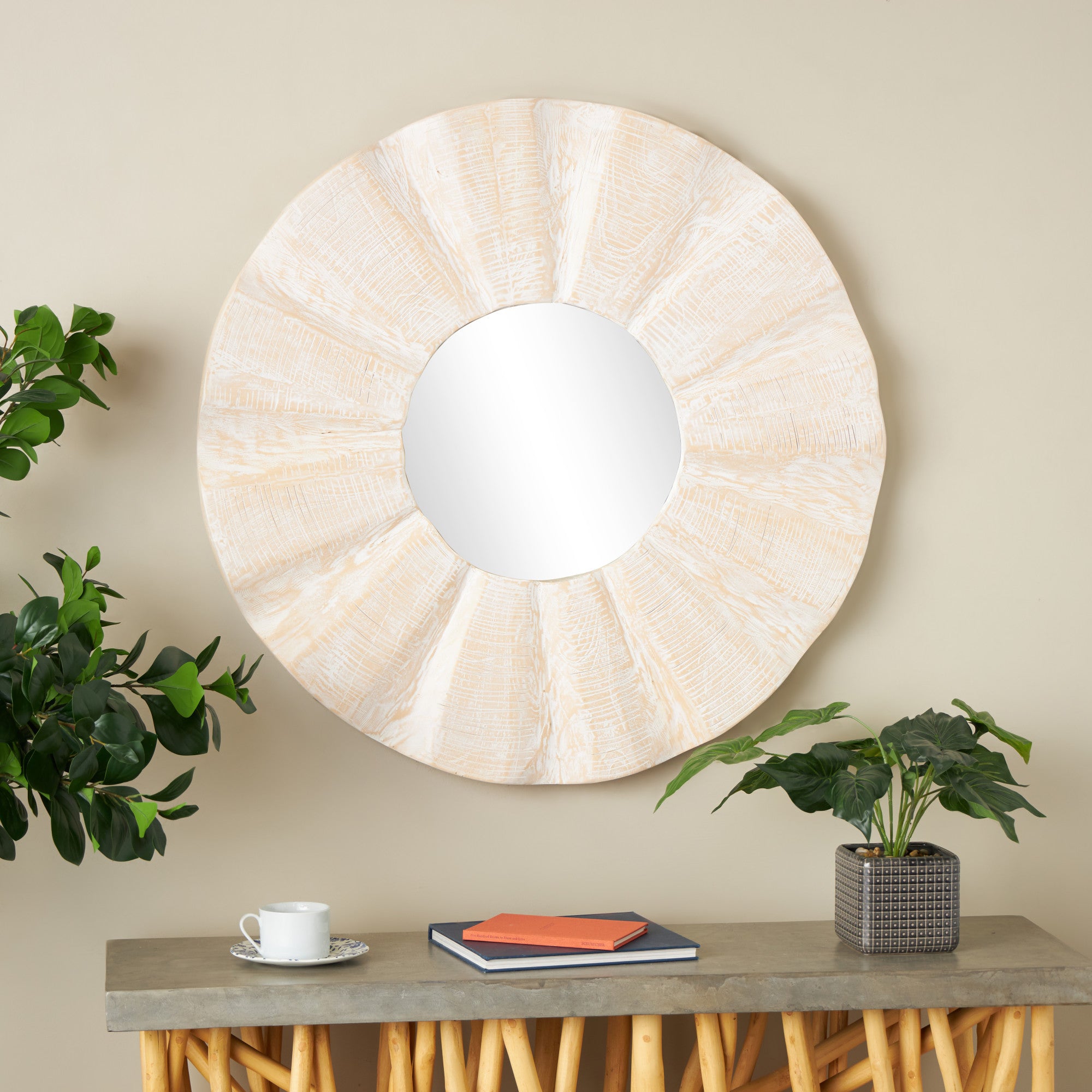 Abstract Cream Teak Wood Handmade Large Room Wall Mirror with Carved Abstract Patterns