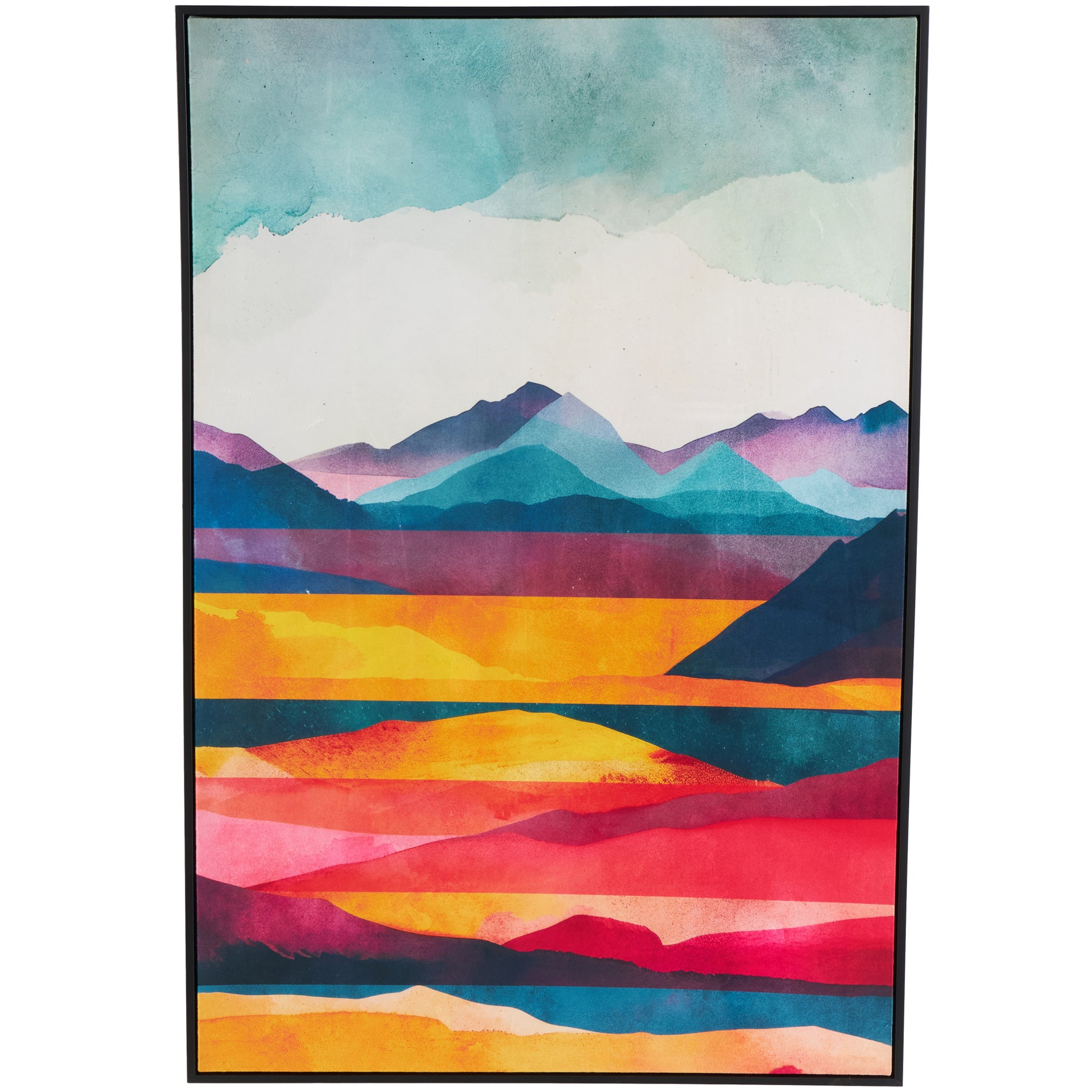 Abstract Multi Colored Canvas Mountains and Lake View Living Room Framed Wall Art with Black Frame