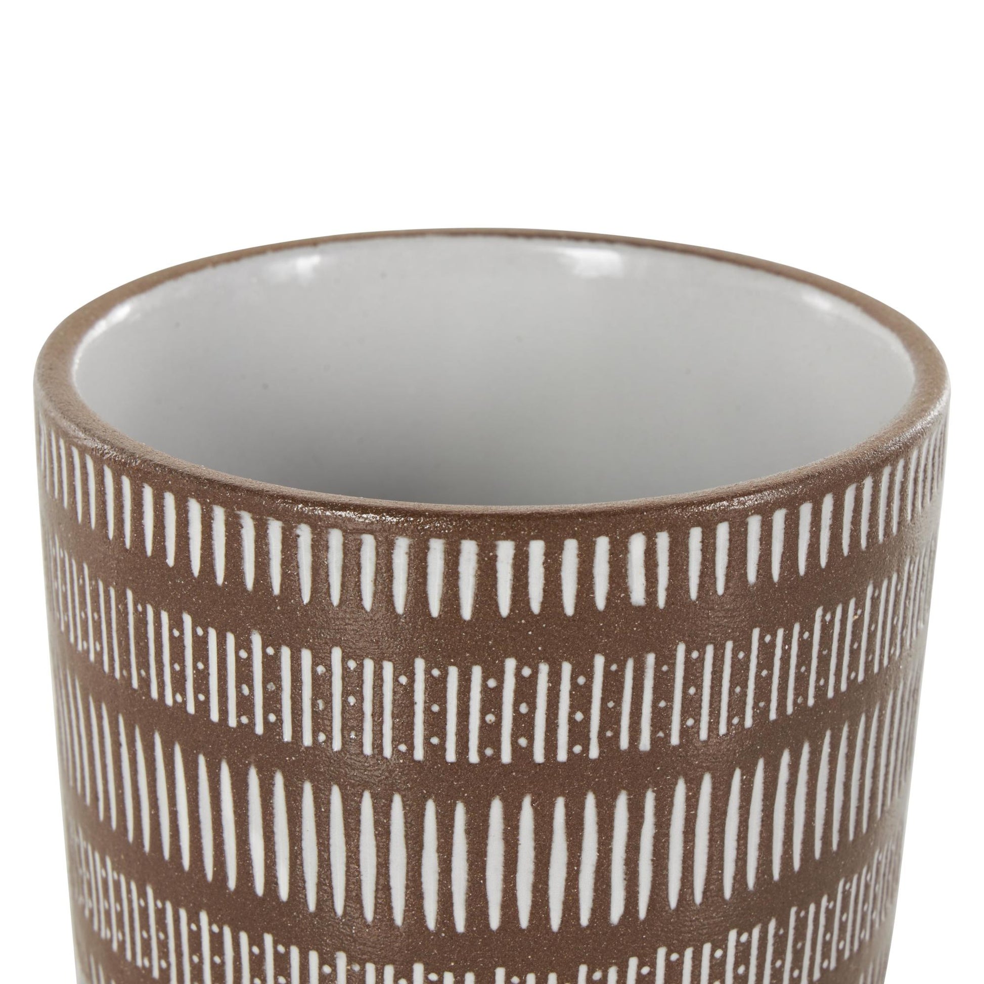 Set of 3 Brown Ceramic Polka Dot and Linear Patterned Indoor Outdoor Planter with White Accents and Base Tray