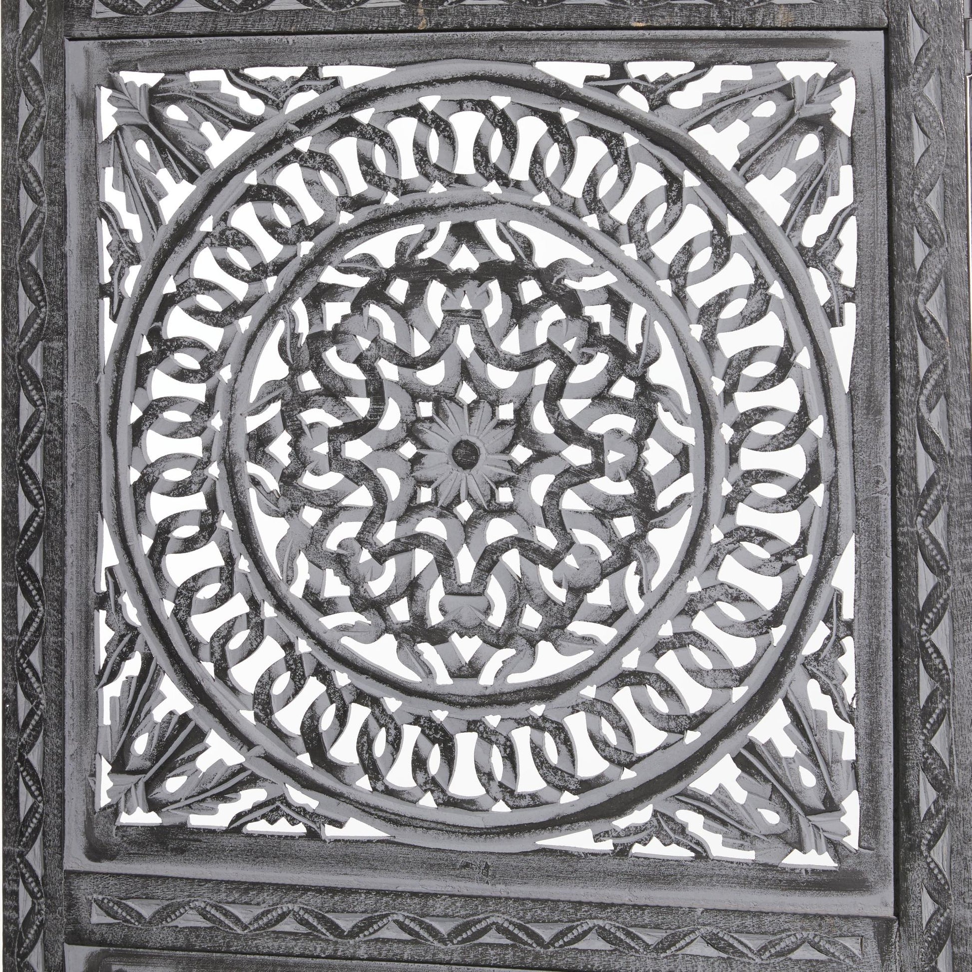 Floral Black Wood Handmade Foldable Partition 3 Panel Partition Room Divider Screen with Carved Designs