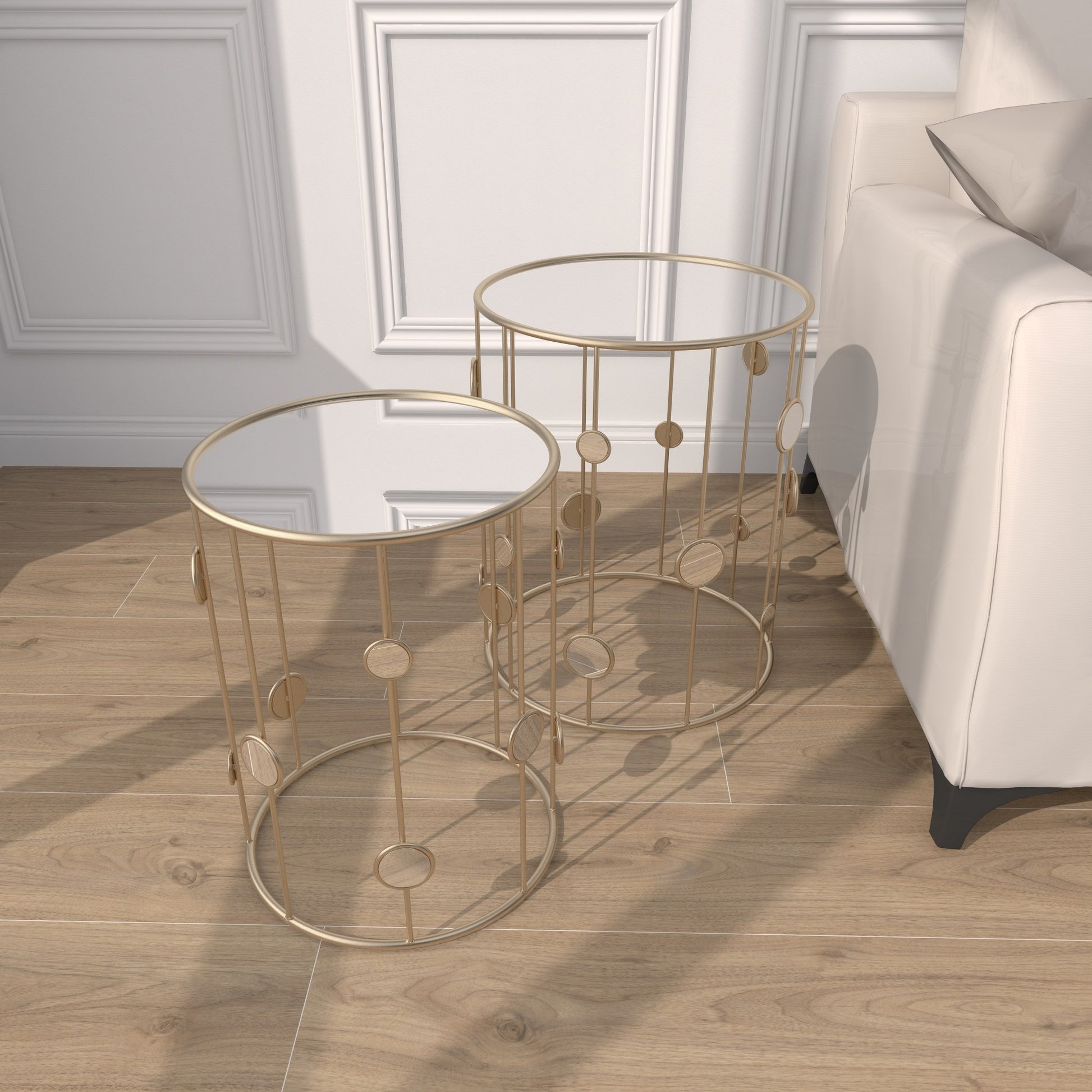 Set of 2 Champagne Metal Open Frame Side End Accent Table with Mirrored Glass Top and Circular Accents