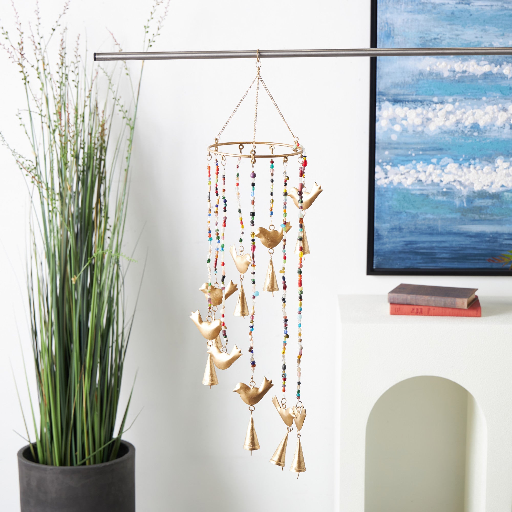Bird Gold Metal Handmade Indoor Outdoor Windchime with Glass Beads and Cone Bells