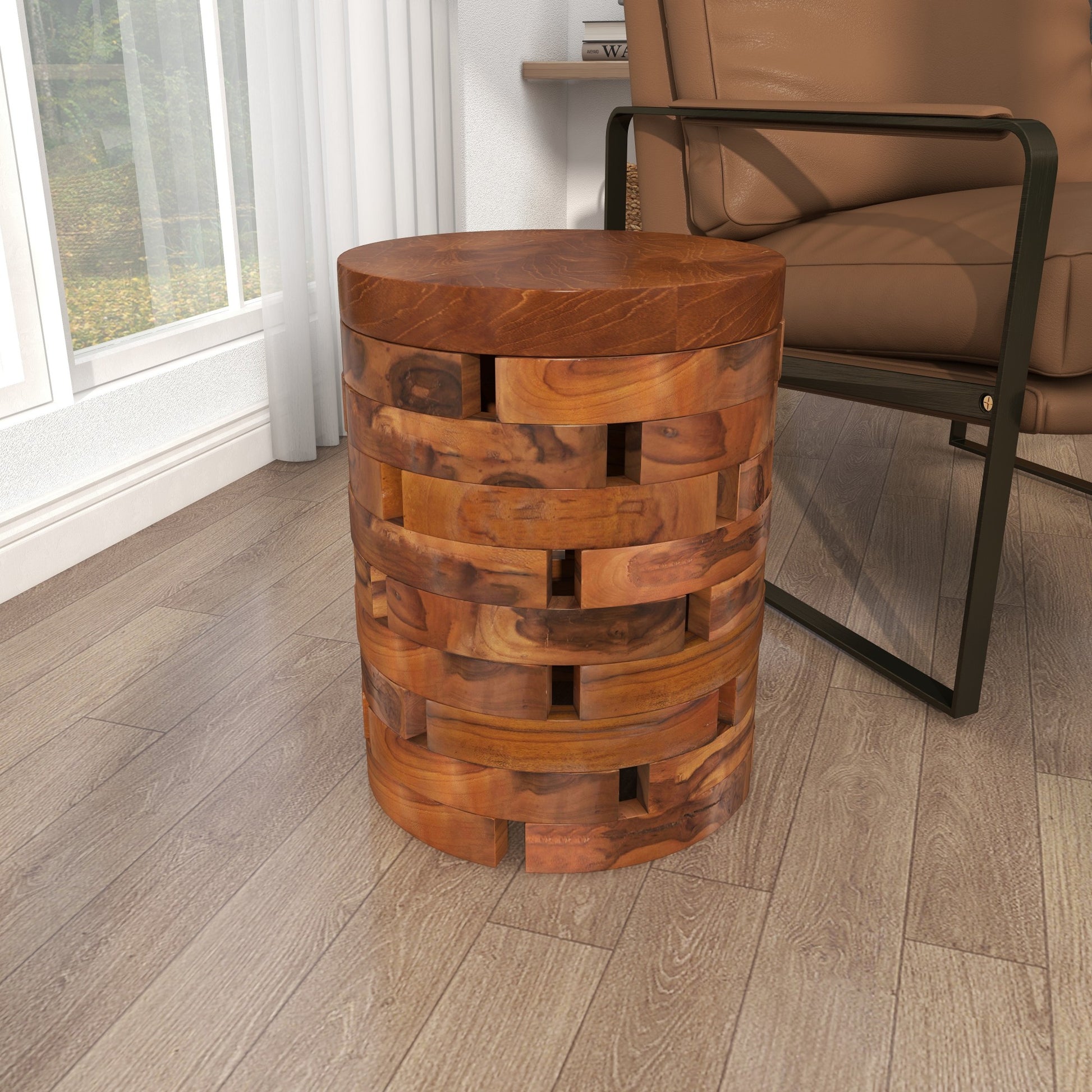 Teak Wood Handmade Live Edge Side End Accent Table with Brick Inspired Design