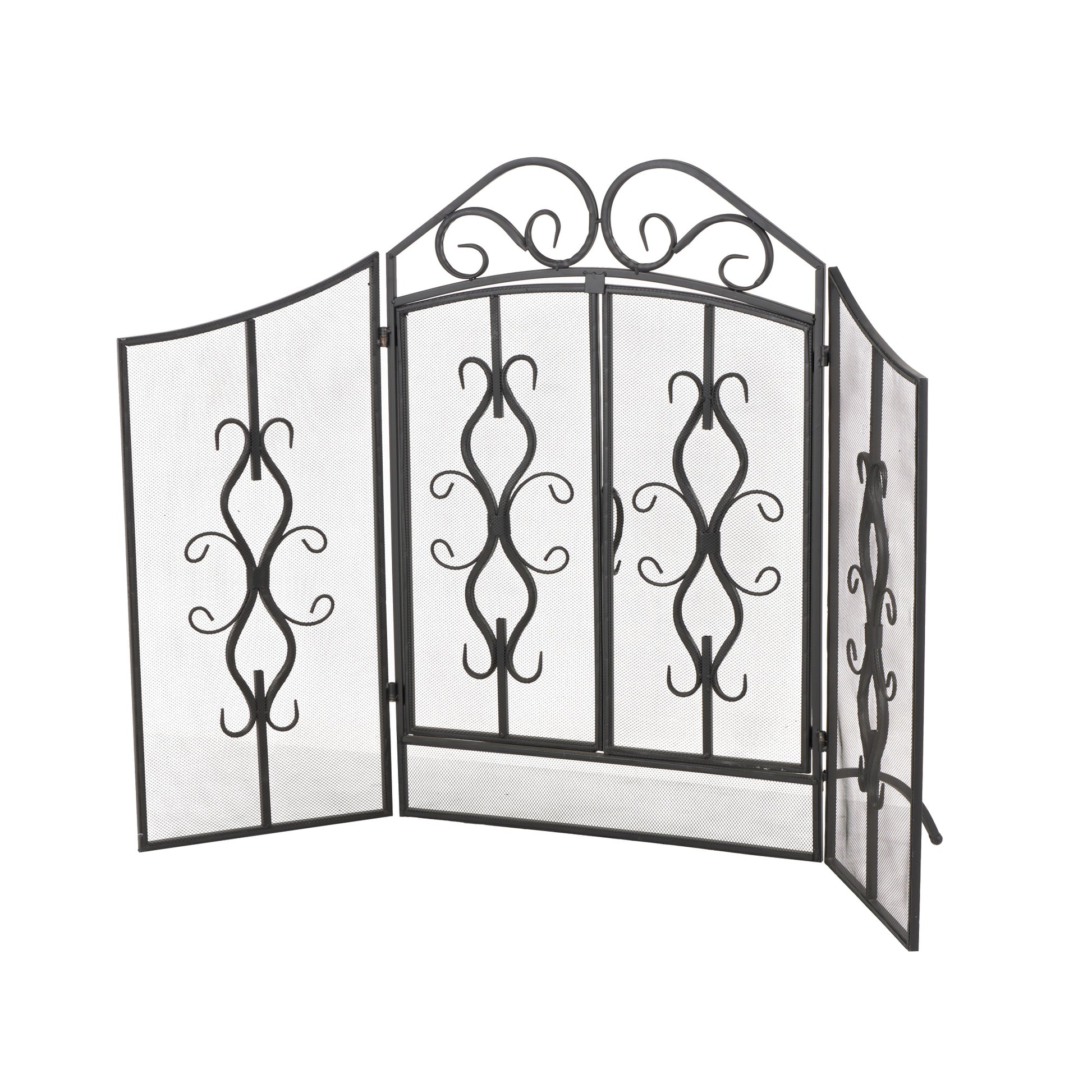 Scroll Gray Metal Foldable Mesh Netting 3 Panel Living Room Fireplace Screen