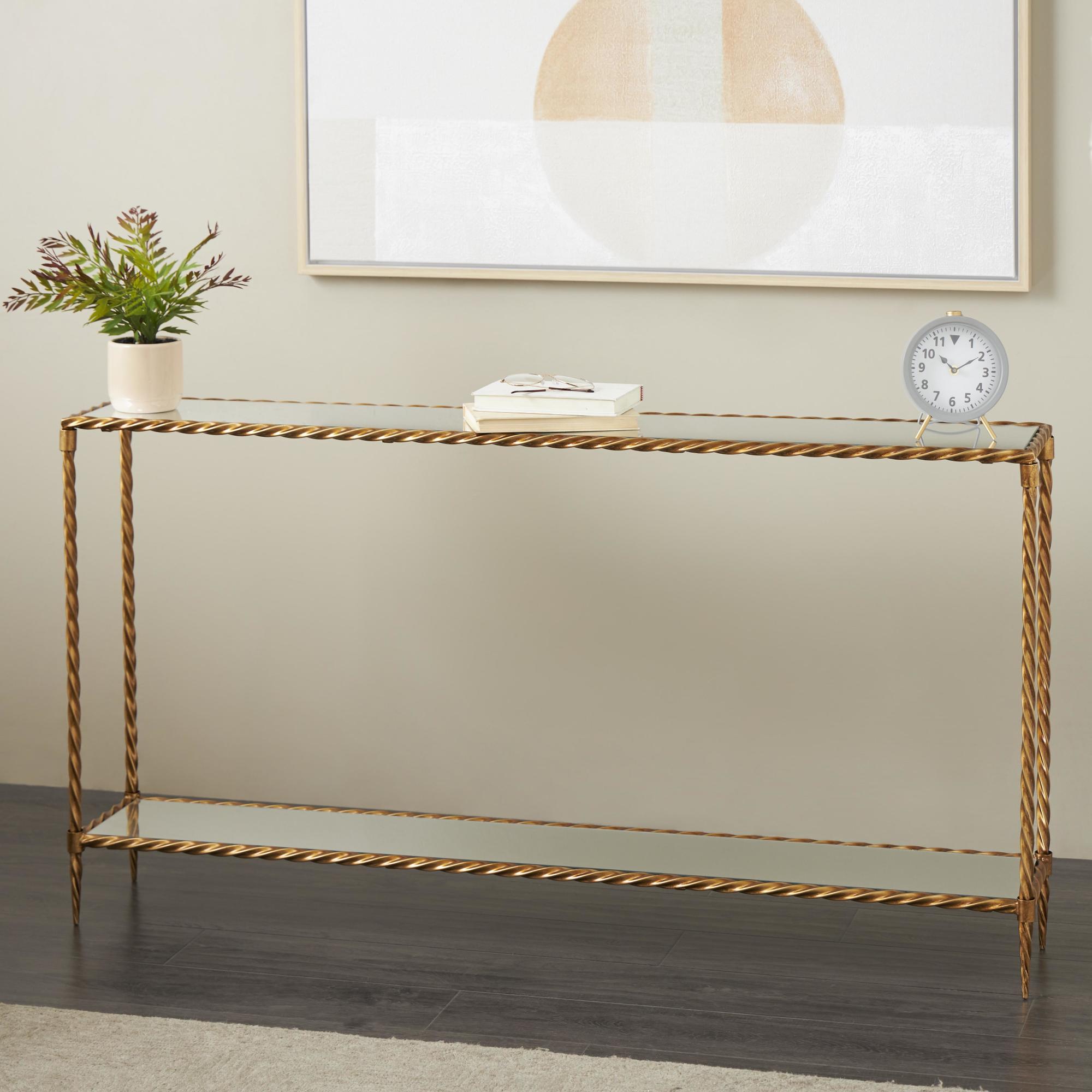 Gold Metal Twisted Rope Inspired Living Room Console Table with Mirrored Glass Top and Shelf