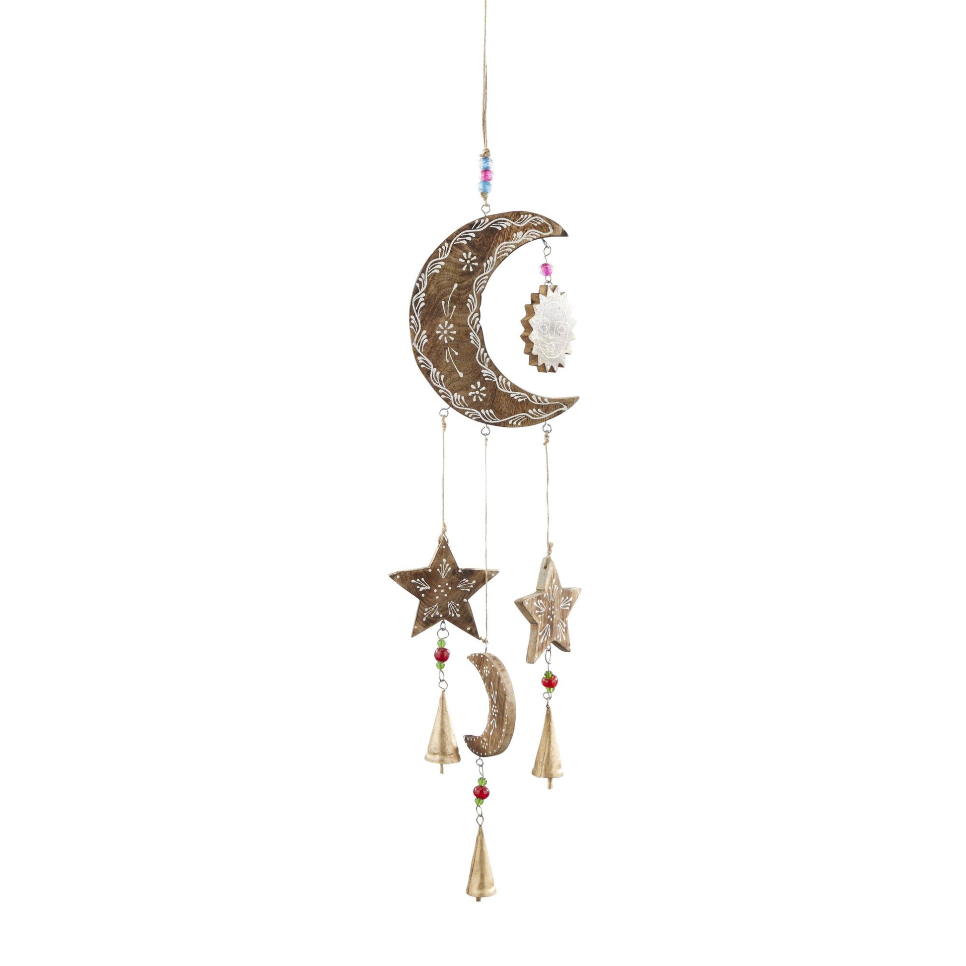 Sun and Moon Gold Mango Wood Handmade Indoor Outdoor Windchime with Glass Beads and Cone Bells