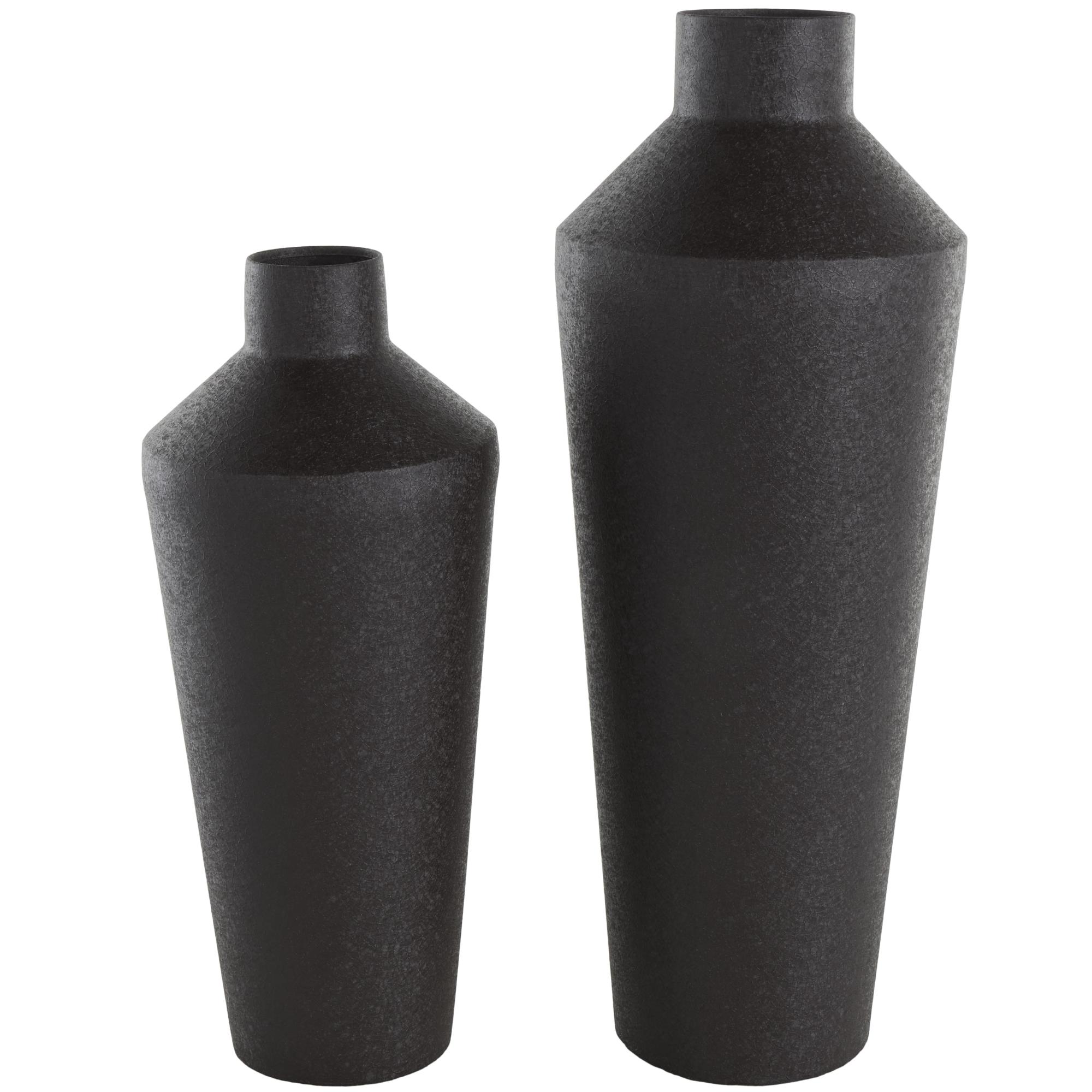 Set of 2 Black Metal Textured Tapered Decorative Vase