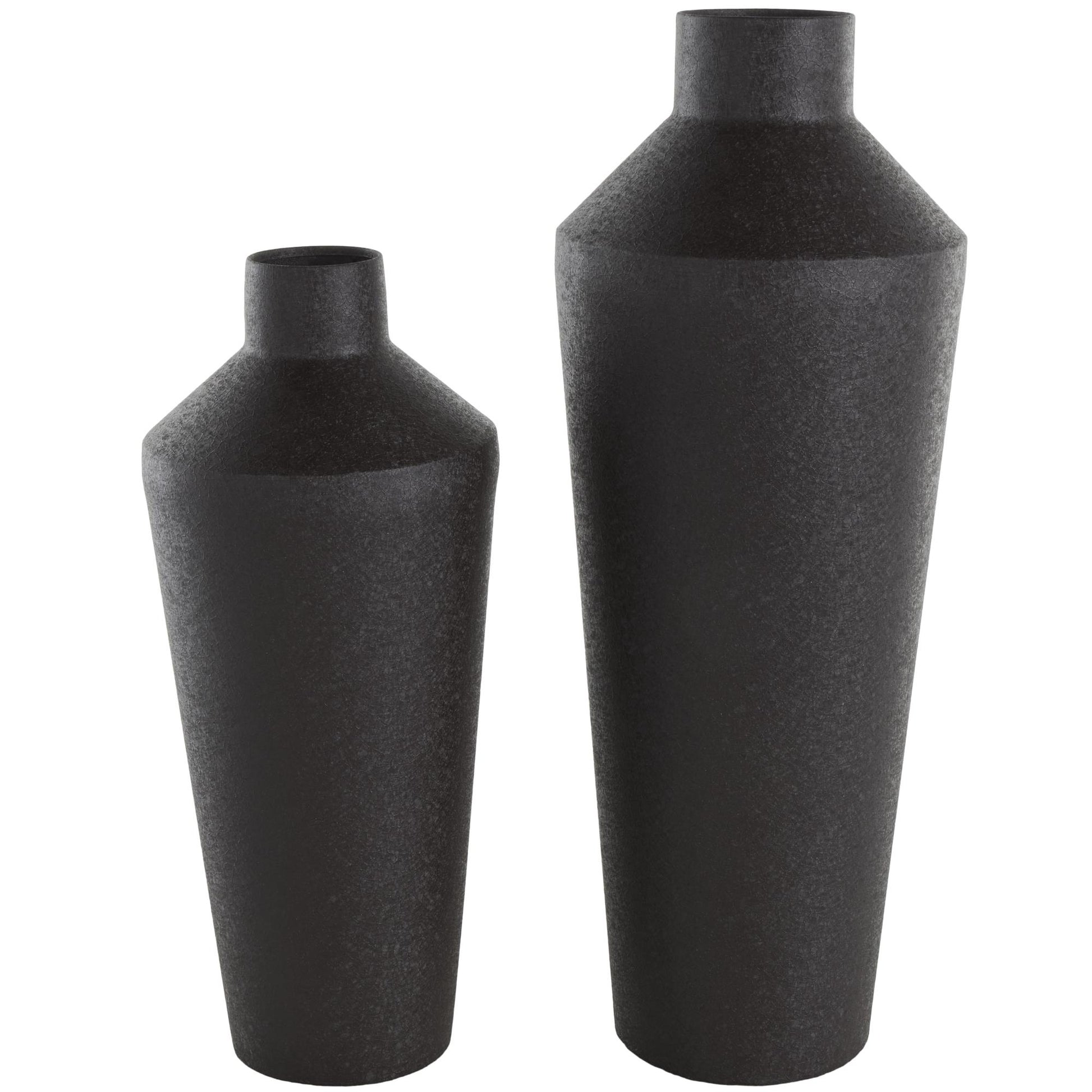 Set of 2 Black Metal Textured Tapered Decorative Vase