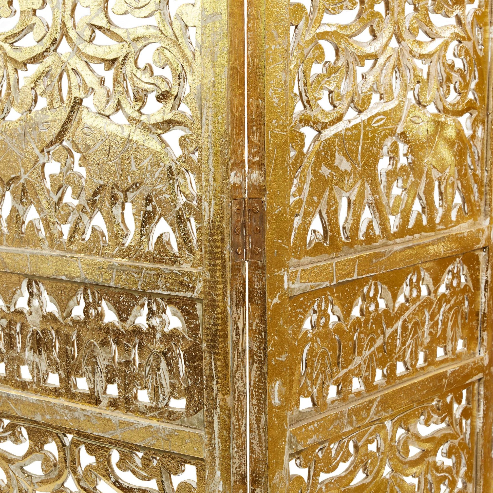Scroll Gold Wooden Handmade Foldable Partition 4 Panel Partition Room Divider Screen with Carved Elephant Accents