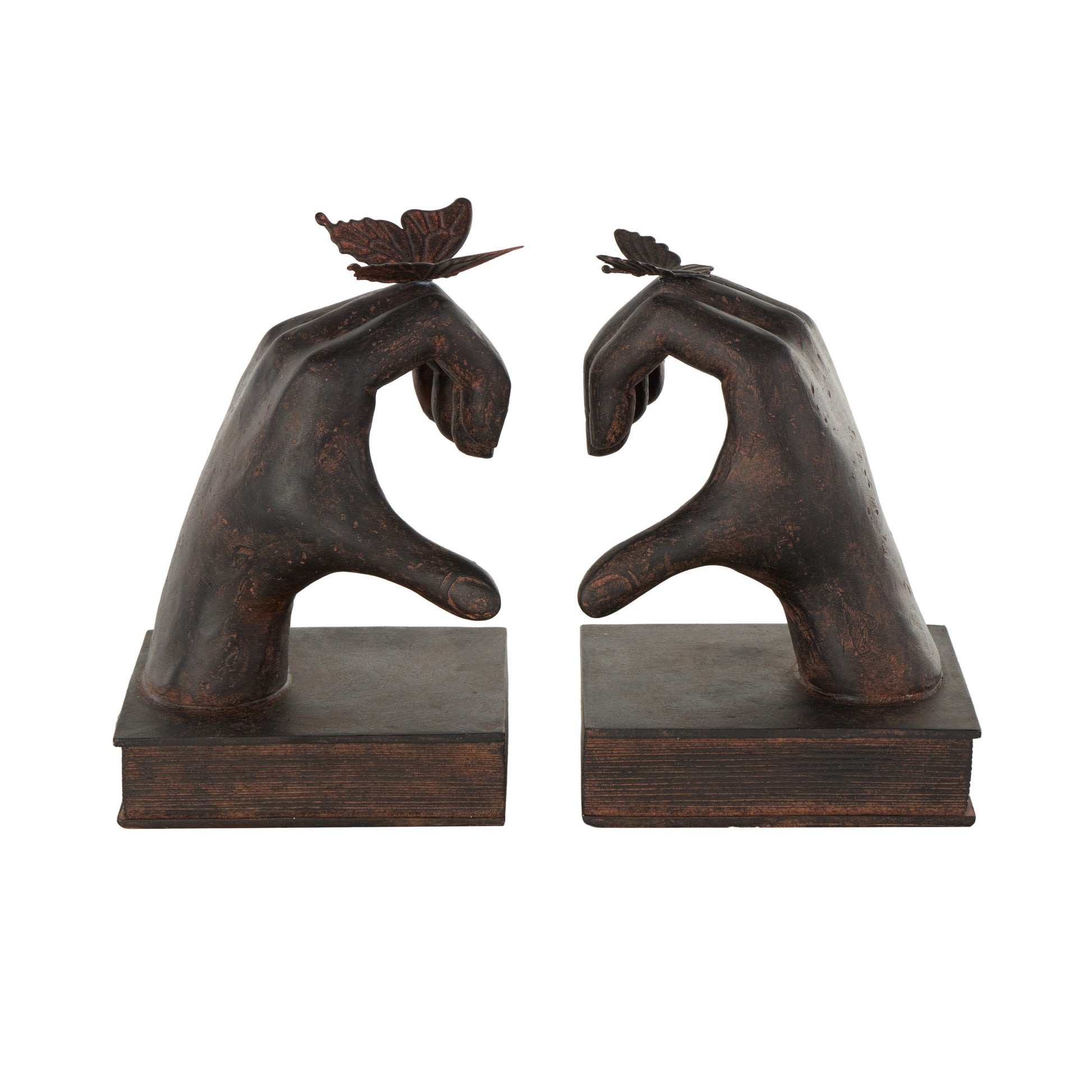 Set of 2 Hands Dark Brown Resin Heart Inspired Decorative Bookends with Butterfly and Copper Accents
