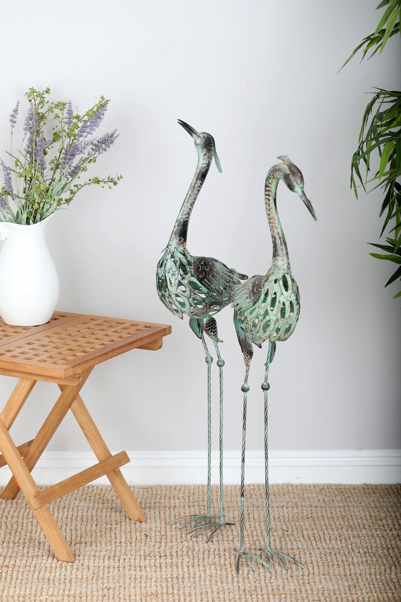 Set of 2 Crane Green Metal Indoor Outdoor Decorative Garden Sculpture