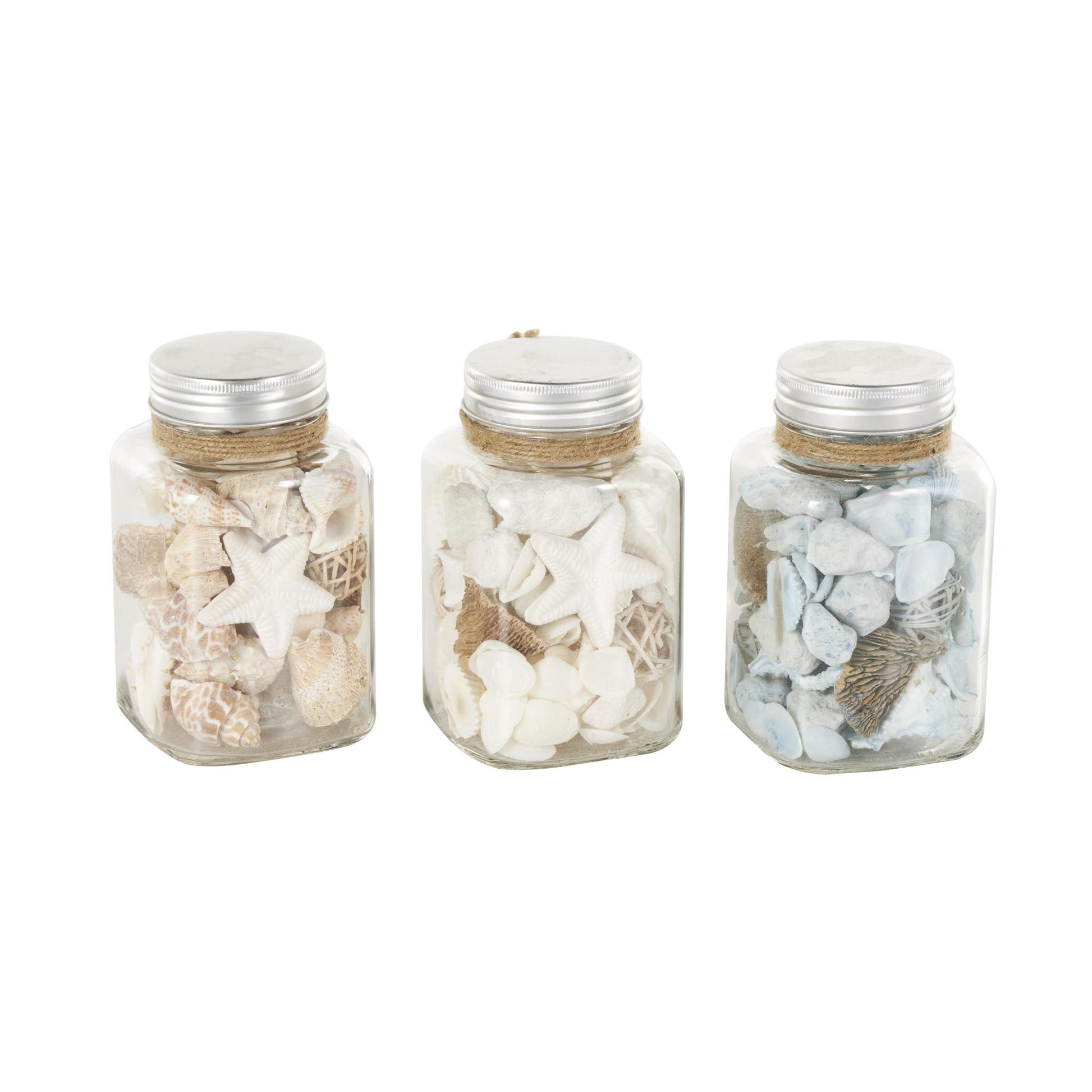 Set of 3 Clear Glass Decorative Orbs & Vase Filler with Seashells and Jute Rope Accents