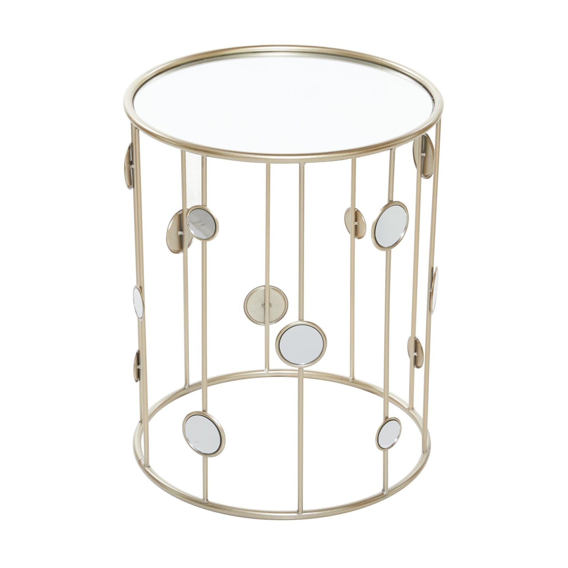 Set of 2 Champagne Metal Open Frame Side End Accent Table with Mirrored Glass Top and Circular Accents