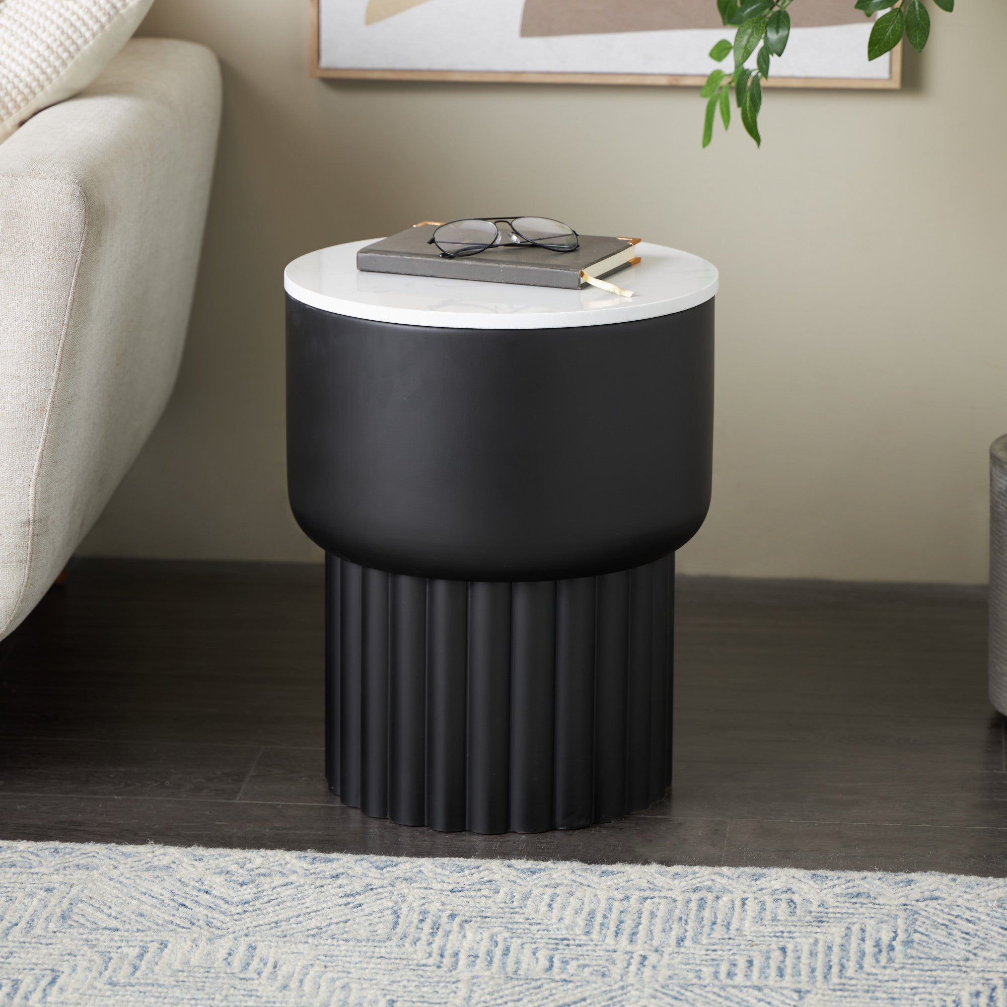 Black Metal Ribbed Side End Accent Table with White Marble Tabletop