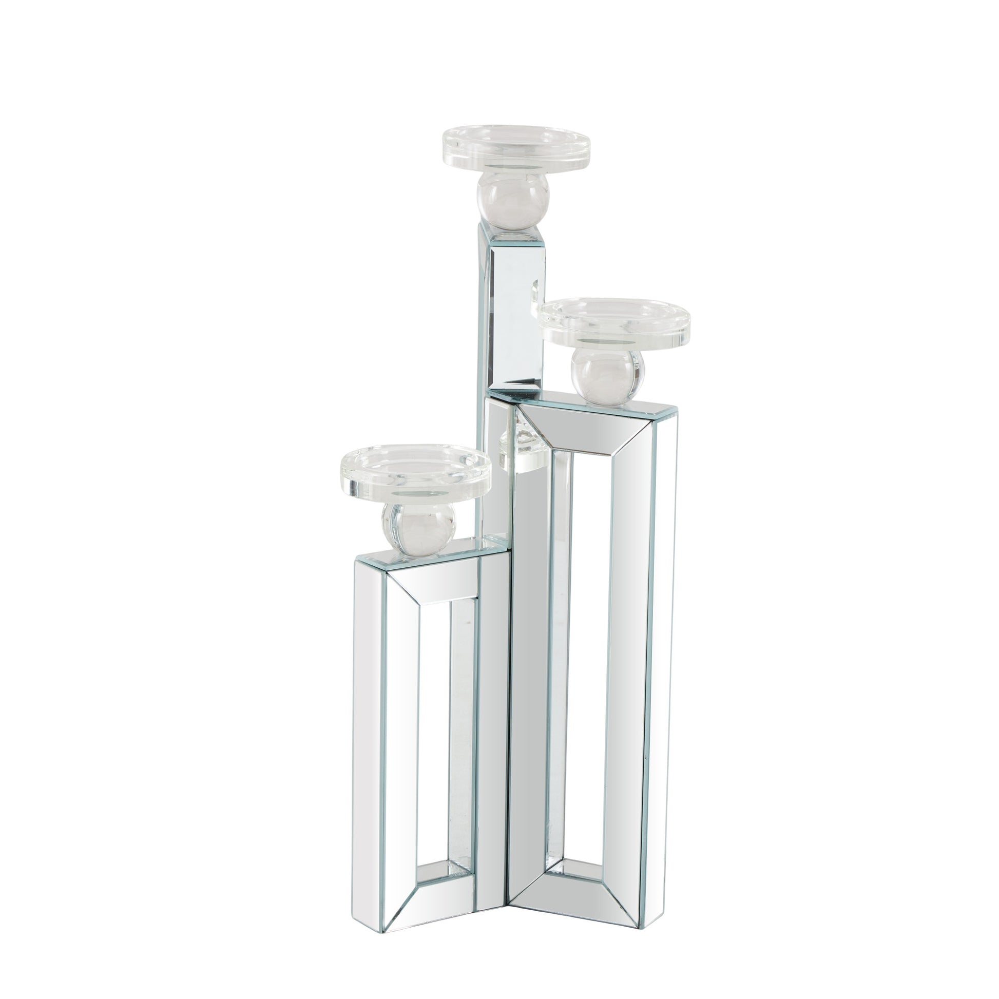 Silver Glass Pillar 3 Plate Decorative Candelabra with Mirrored Accents