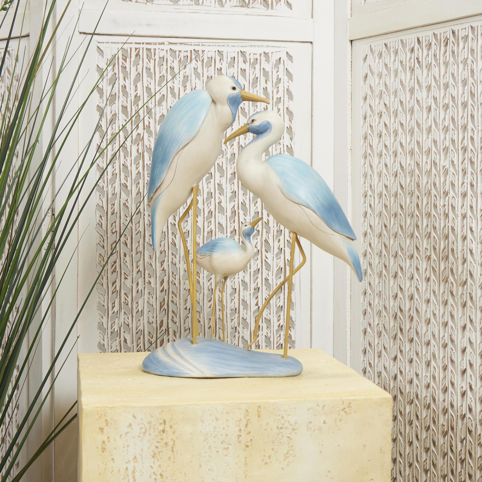 Bird Light Blue Polyresin Family Decorative Sculpture with Yellow Accents