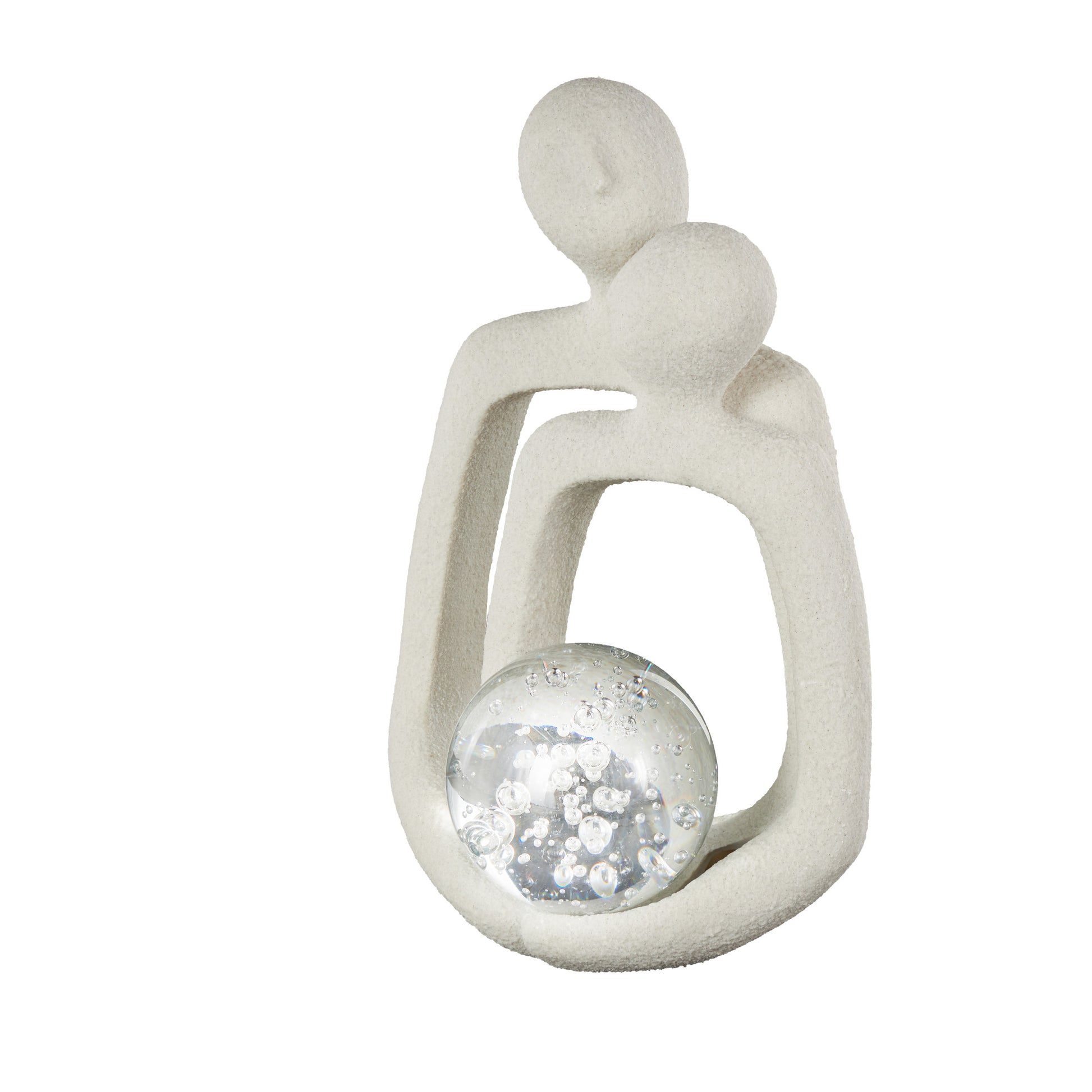 People White Polystone Abstract Textured Decorative Sculpture with Clear Glass Orb and Black Speckles