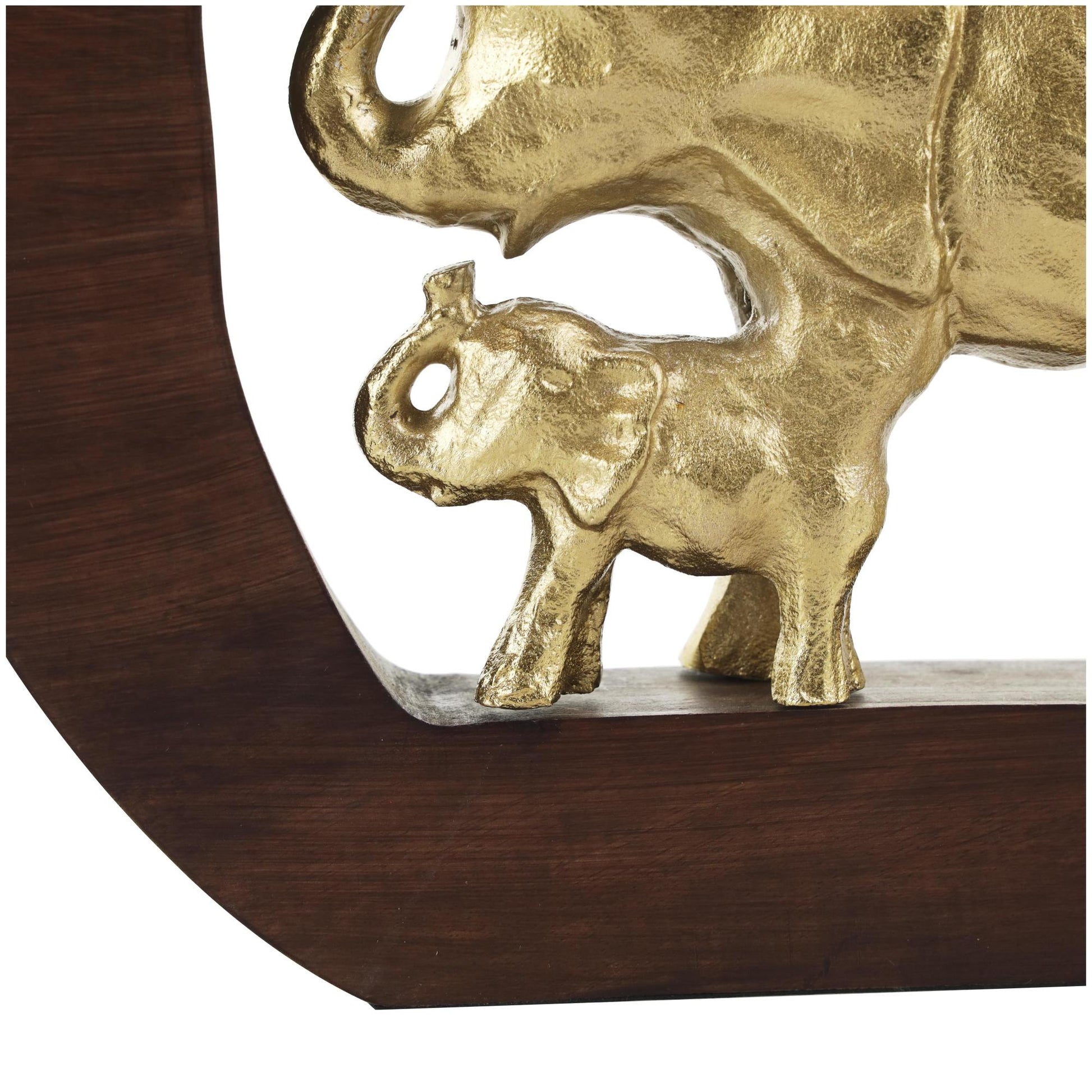 Elephant Gold Aluminum Metal Decorative Sculpture with Brown Wooden Frame