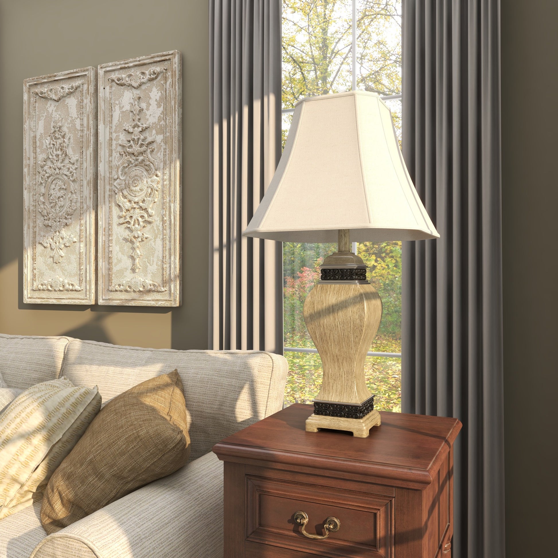 Set of 2 Scroll Brown Polystone Carved Room Table Lamp with Black Accents and Tapered Shade