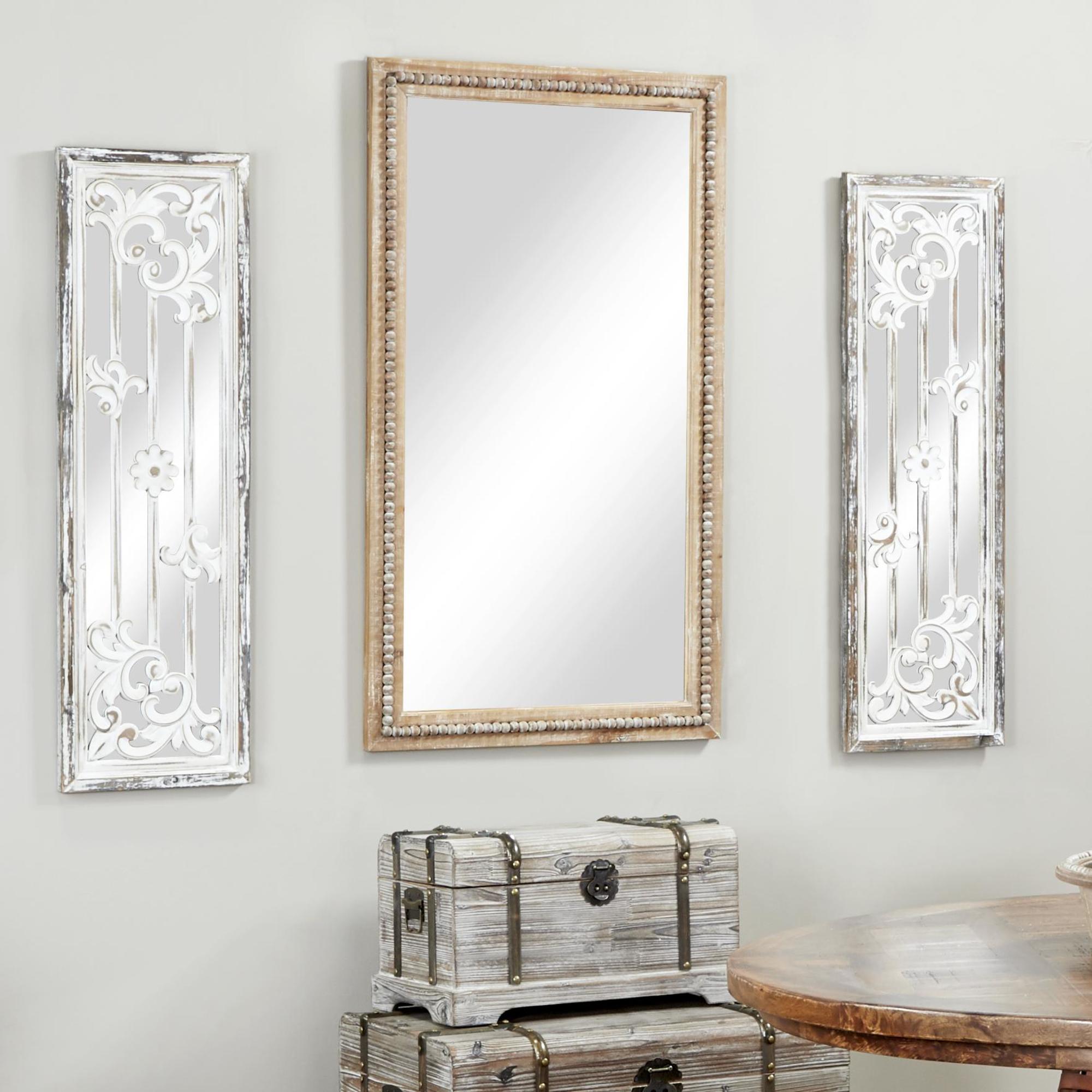 Brown Wood Distressed Room Wall Mirror with Beaded Detailing