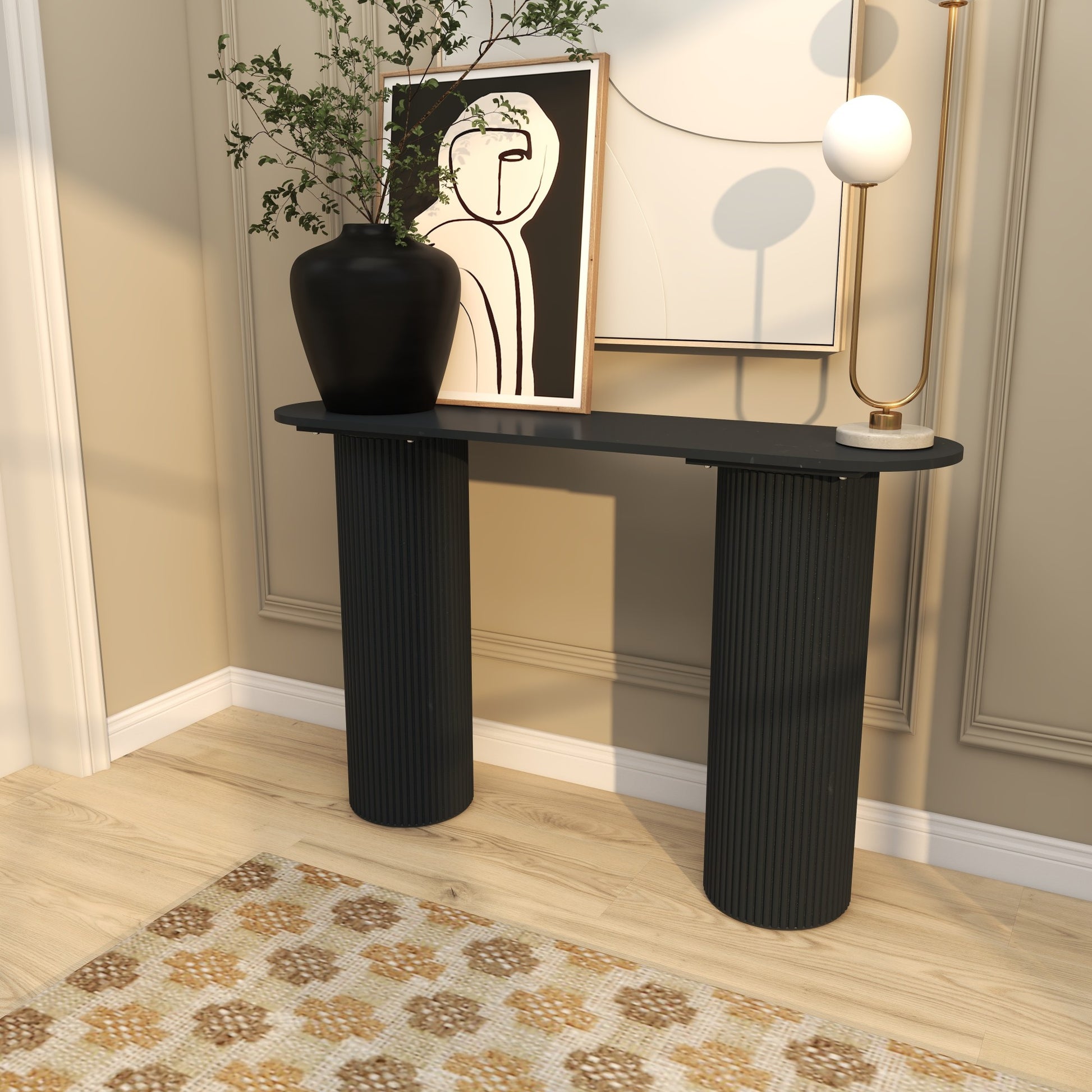 Geometric Black Wooden Oval Living Room Console Table with Ribbed Pillar Legs