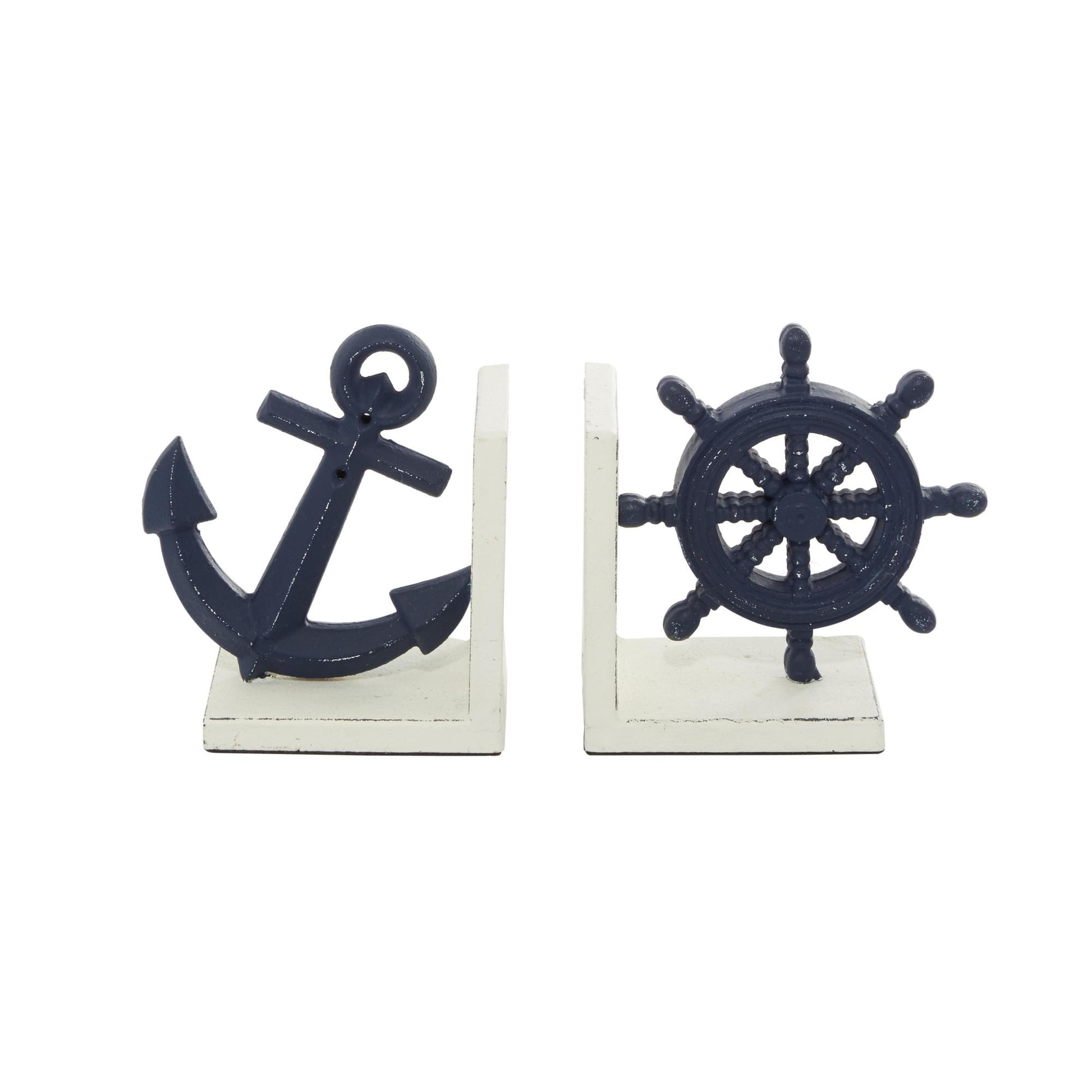 Set of 2 Ship Wheel Blue Metal Anchor Decorative Bookends