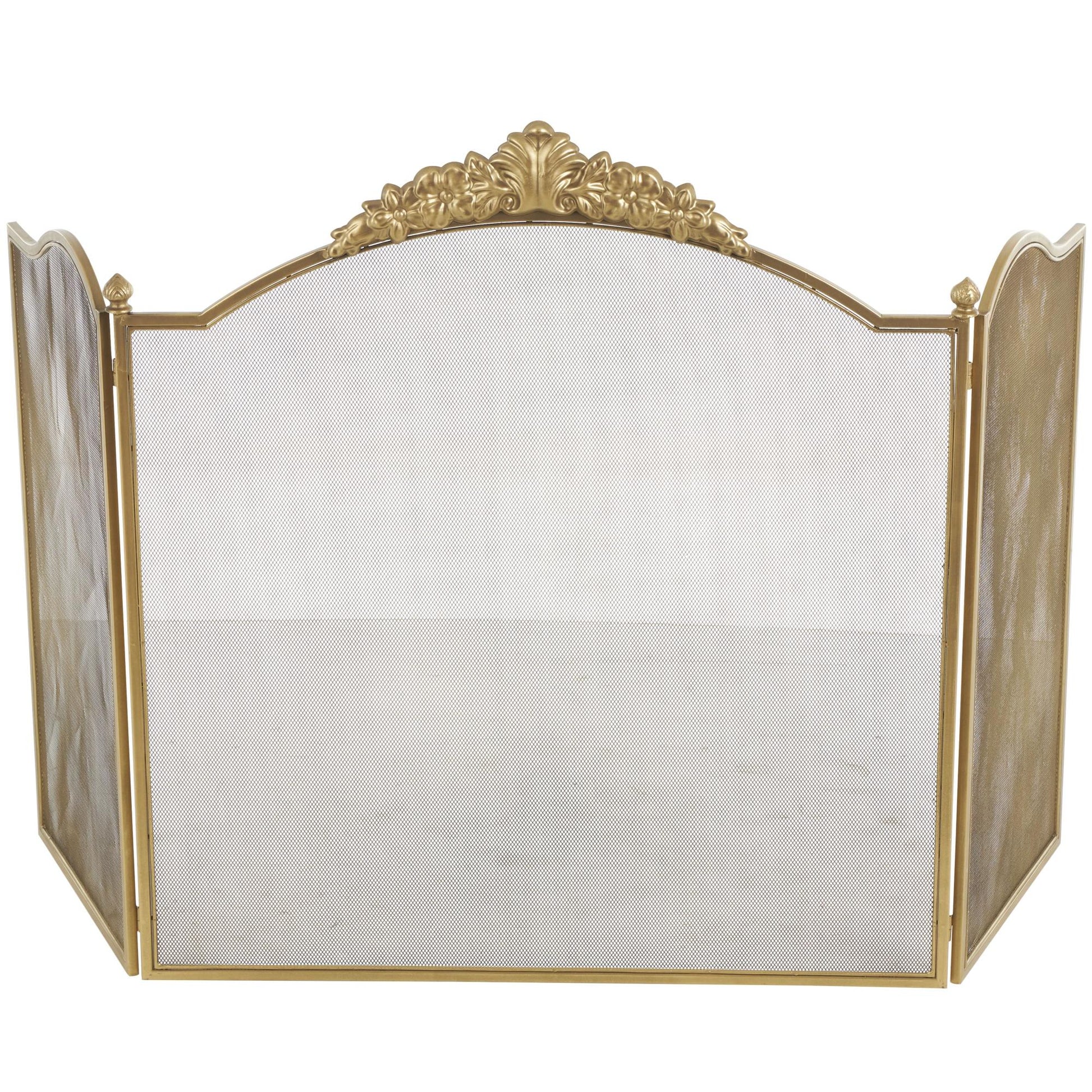Floral Gold Metal Ornate Antique Arched 3 Panel Living Room Fireplace Screen with Finial Accents
