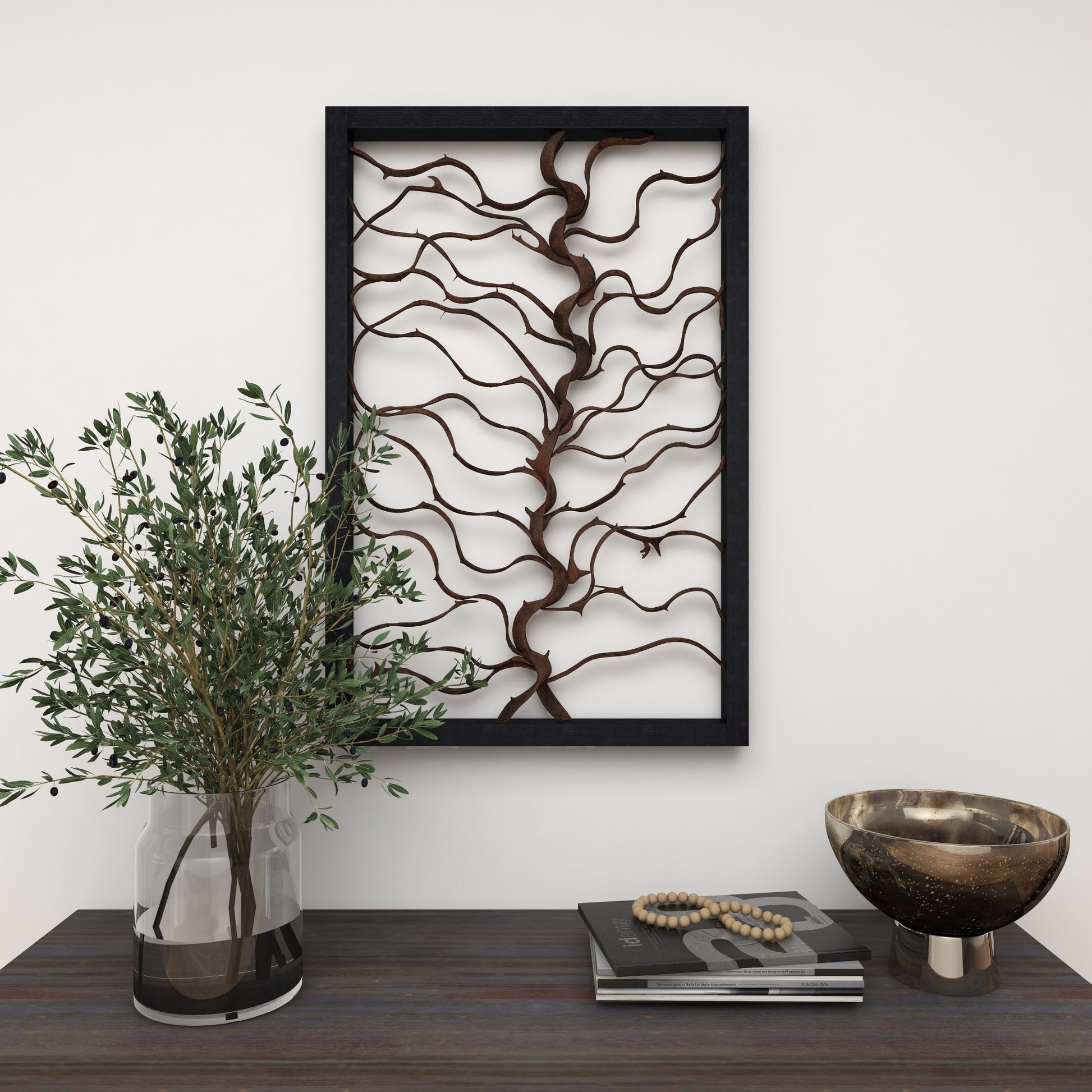Tree Teak Wood Branch Home Wall Decor with Black Frame