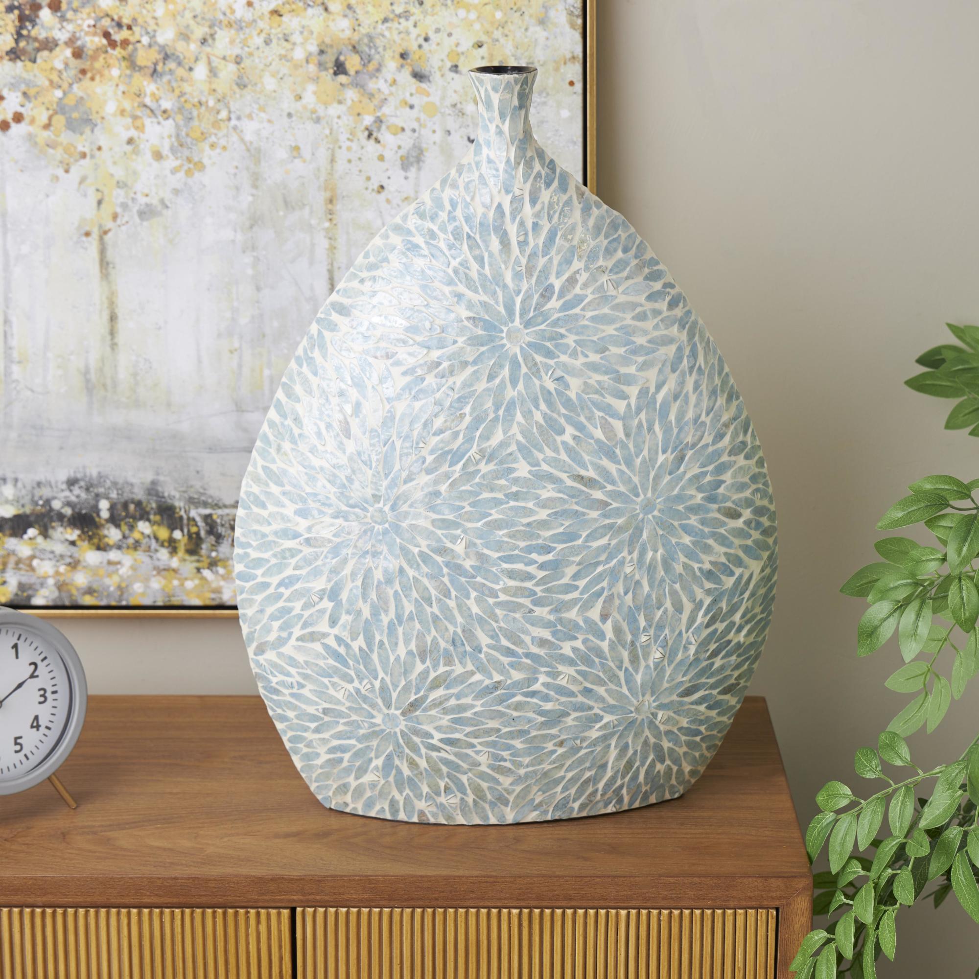 Floral Mother of Pearl Shell Handmade Large Mosaic Decorative Vase with Cream Underlay