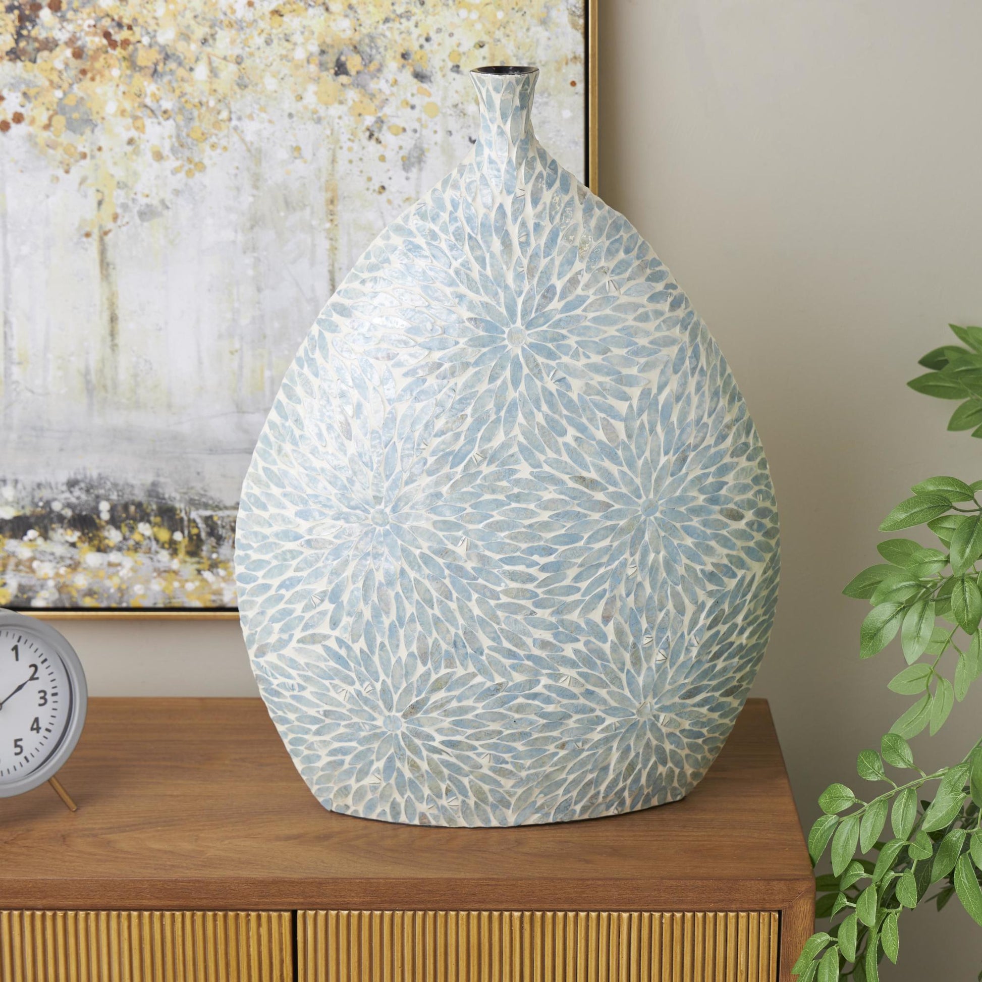 Floral Mother of Pearl Shell Handmade Large Mosaic Decorative Vase with Cream Underlay