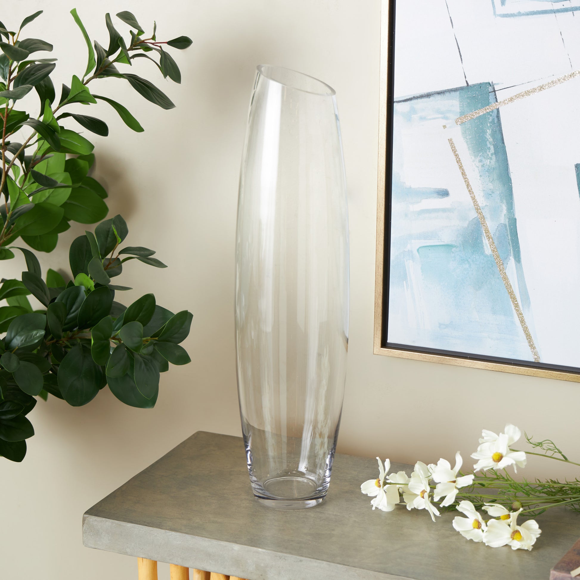Clear Glass Tall Slanted Decorative Vase