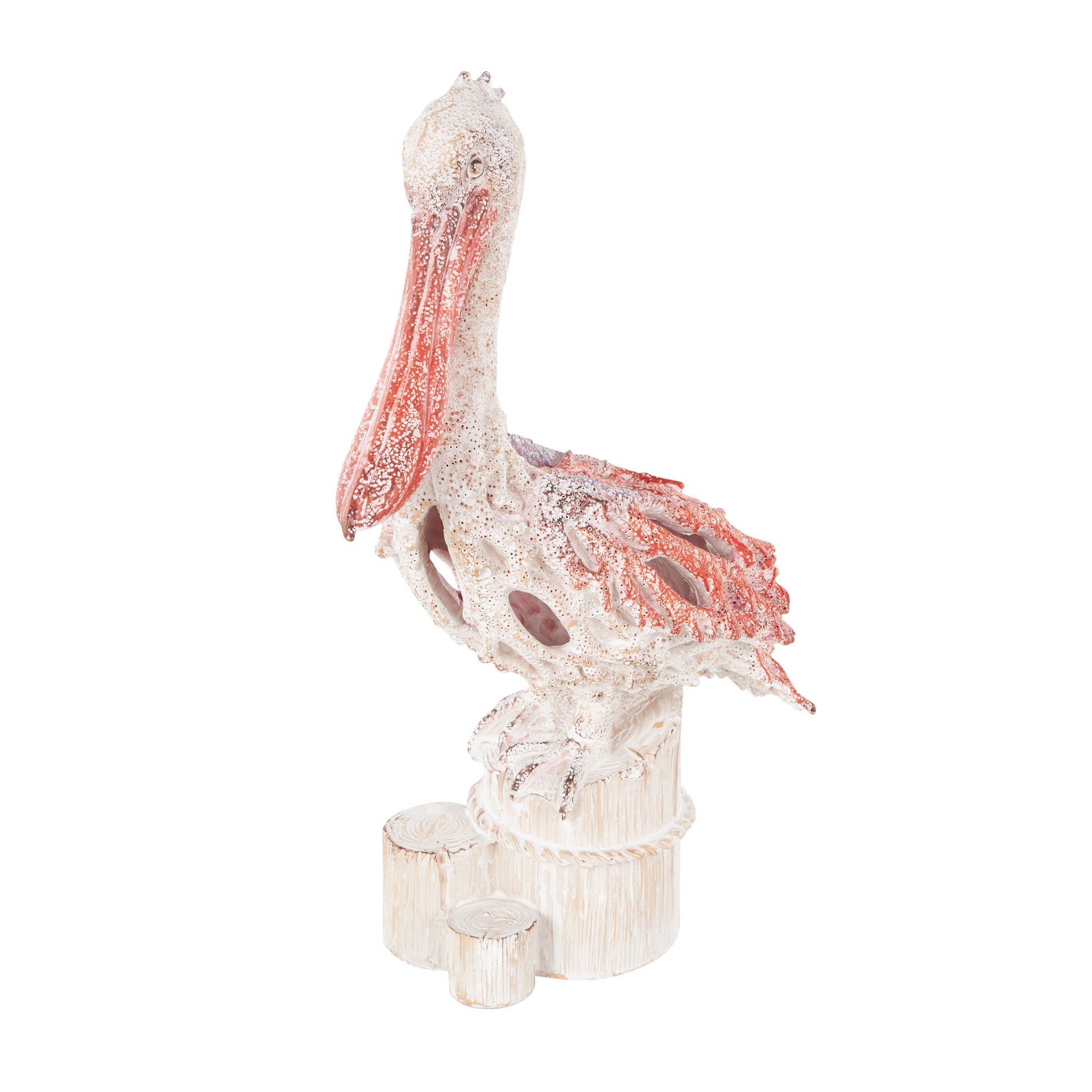 Pelican Polystone Textured Decorative Sculpture with Red Feathers and Round Blocks 8" x 4" x 13"