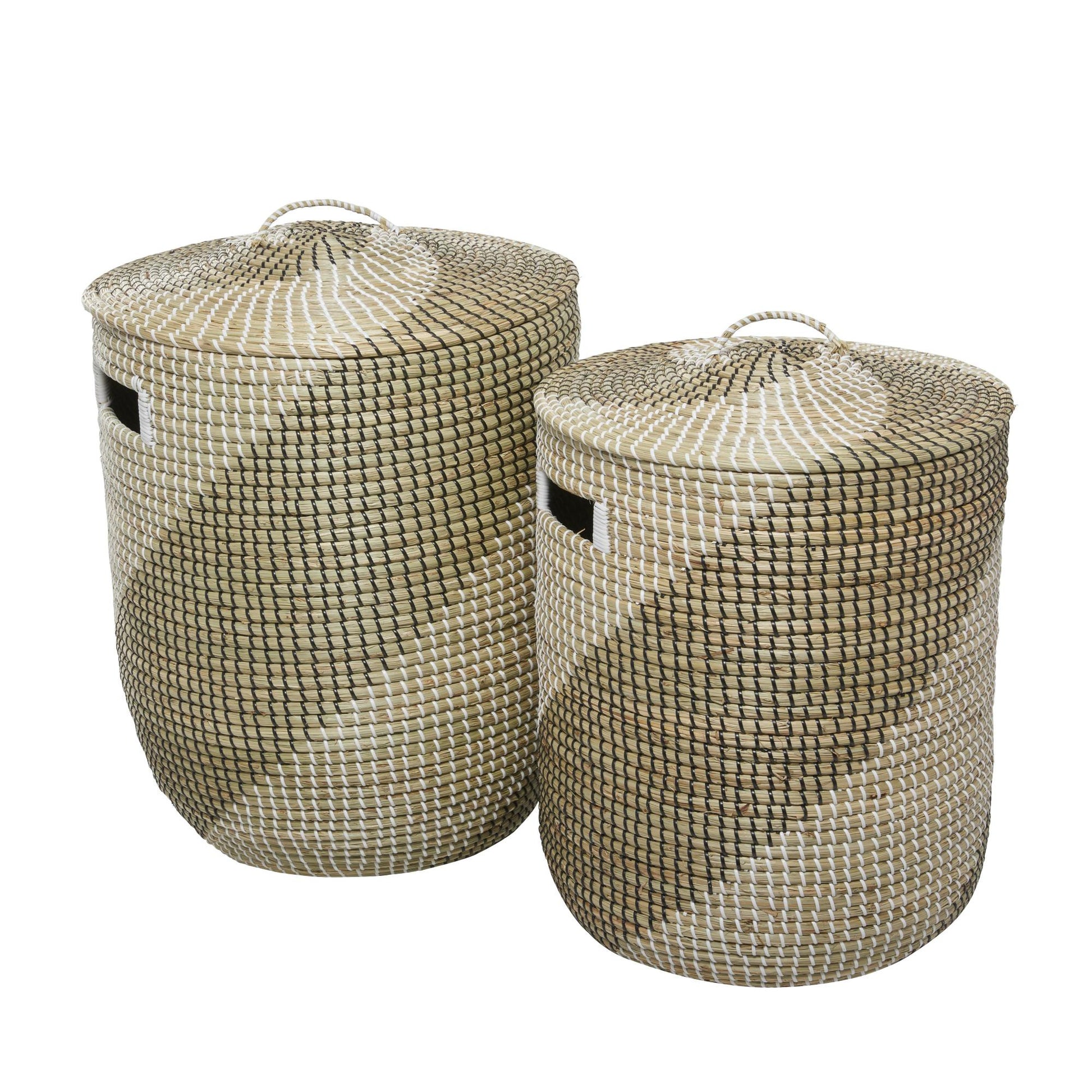 Set of 2 Brown Seagrass Handmade Two Toned Decorative and Functional Storage Basket with Matching Lids