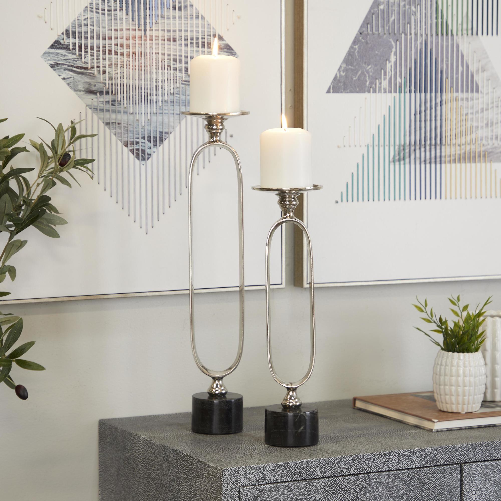 Set of 2 Aluminum Metal Paper Clip Pillar Decorative Candle Holder with Marble Base