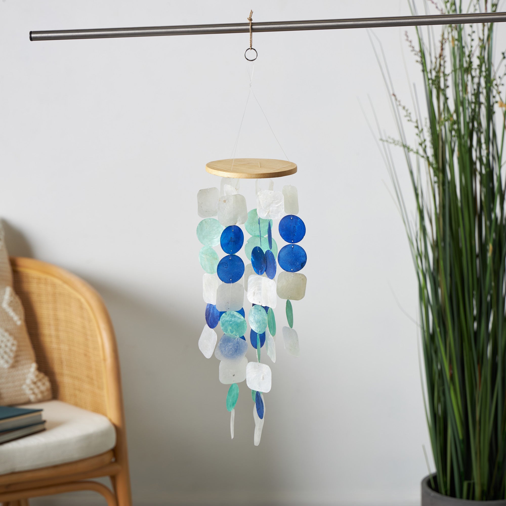 Geometric White Capiz Shell Waterfall Indoor Outdoor Windchime with Blue and Teal Accents