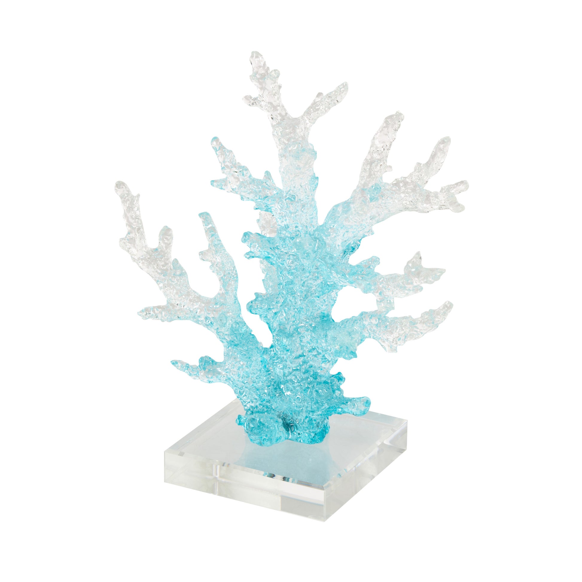Coral Blue Glass Ombre Decorative Sculpture with Clear Square Base
