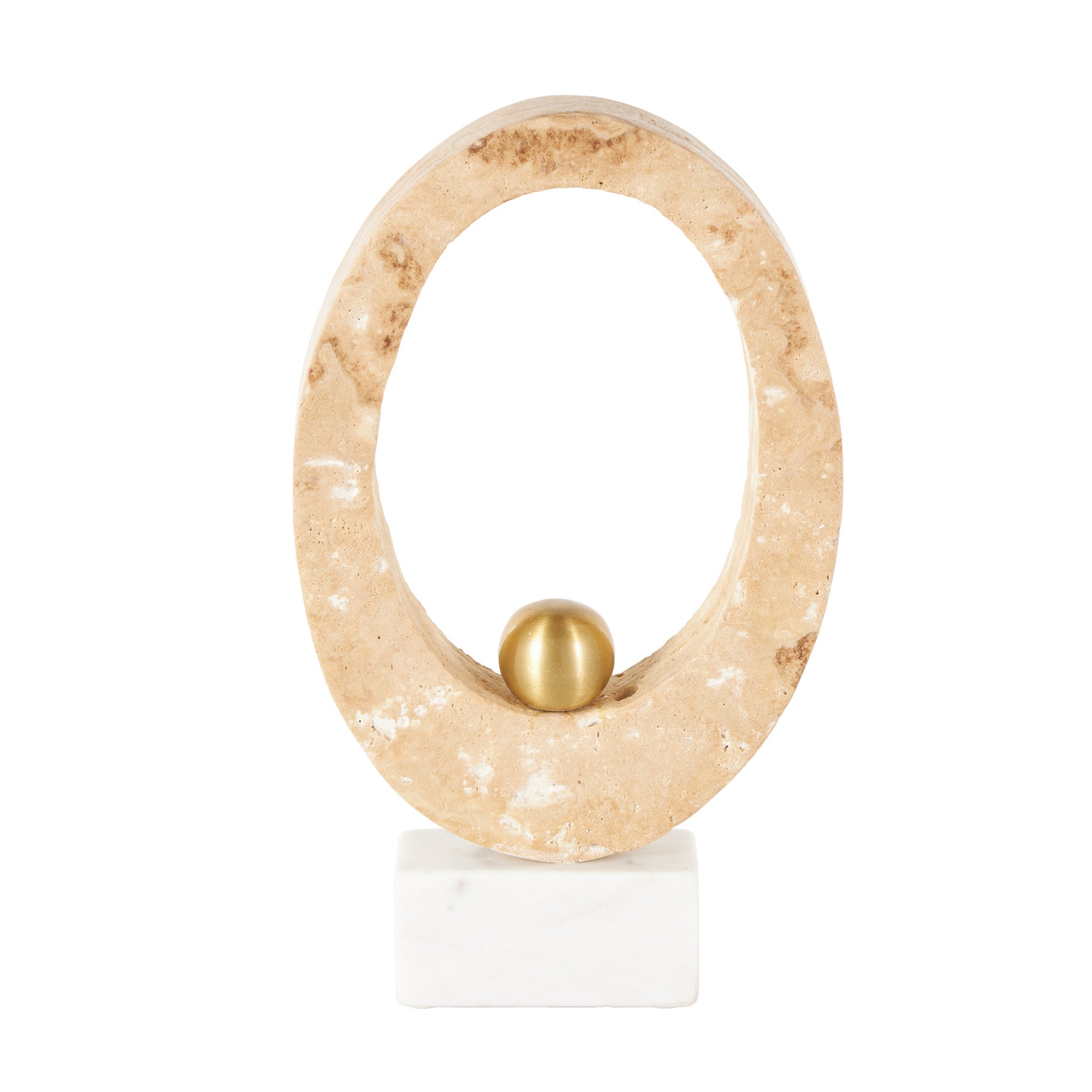 Abstract Cream Marble Oval Decorative Sculpture with Gold Ball and White Base