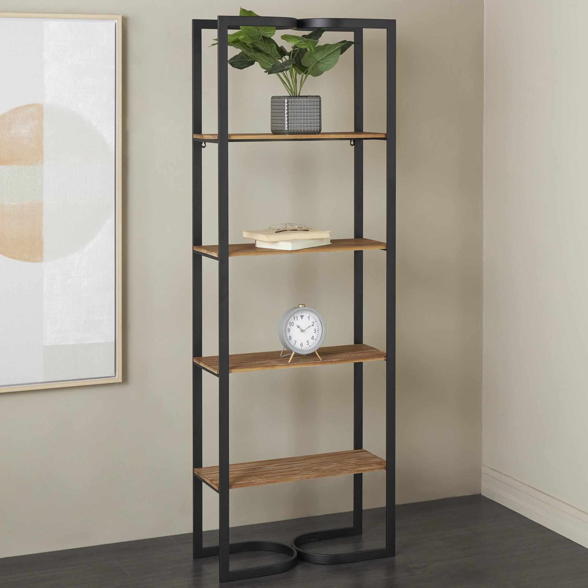 Black Metal 4 Tier Storage Shelving Unit with Wood Shelves and Arched Designs