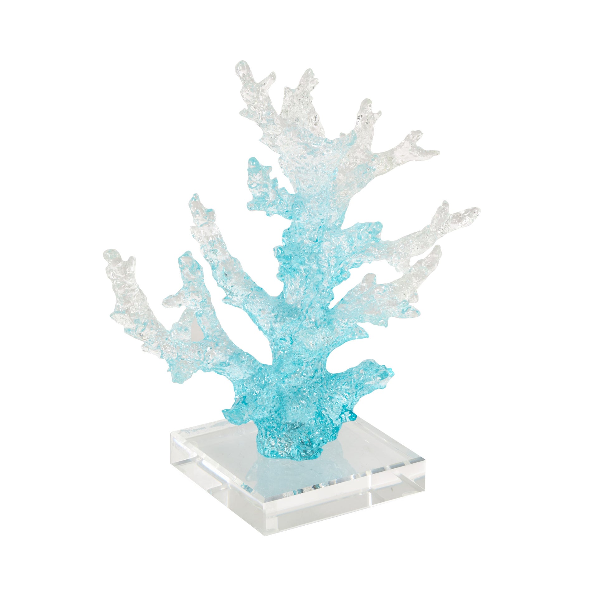 Coral Blue Glass Ombre Decorative Sculpture with Clear Square Base