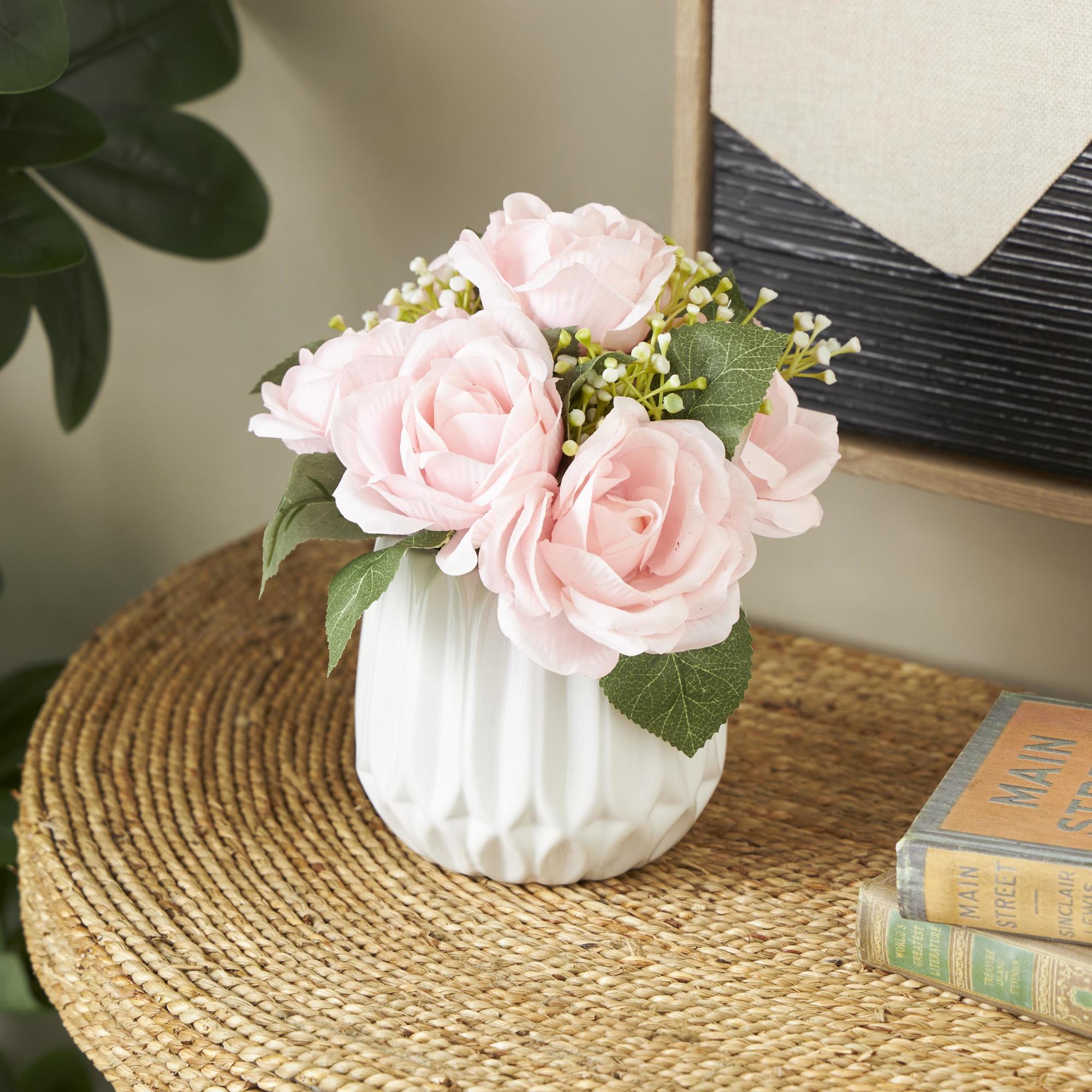 Hydrangea and Pom Pom Pink Fabric Indoor Outdoor Artificial Flower with Green Leaves and Round Ceramic Vase