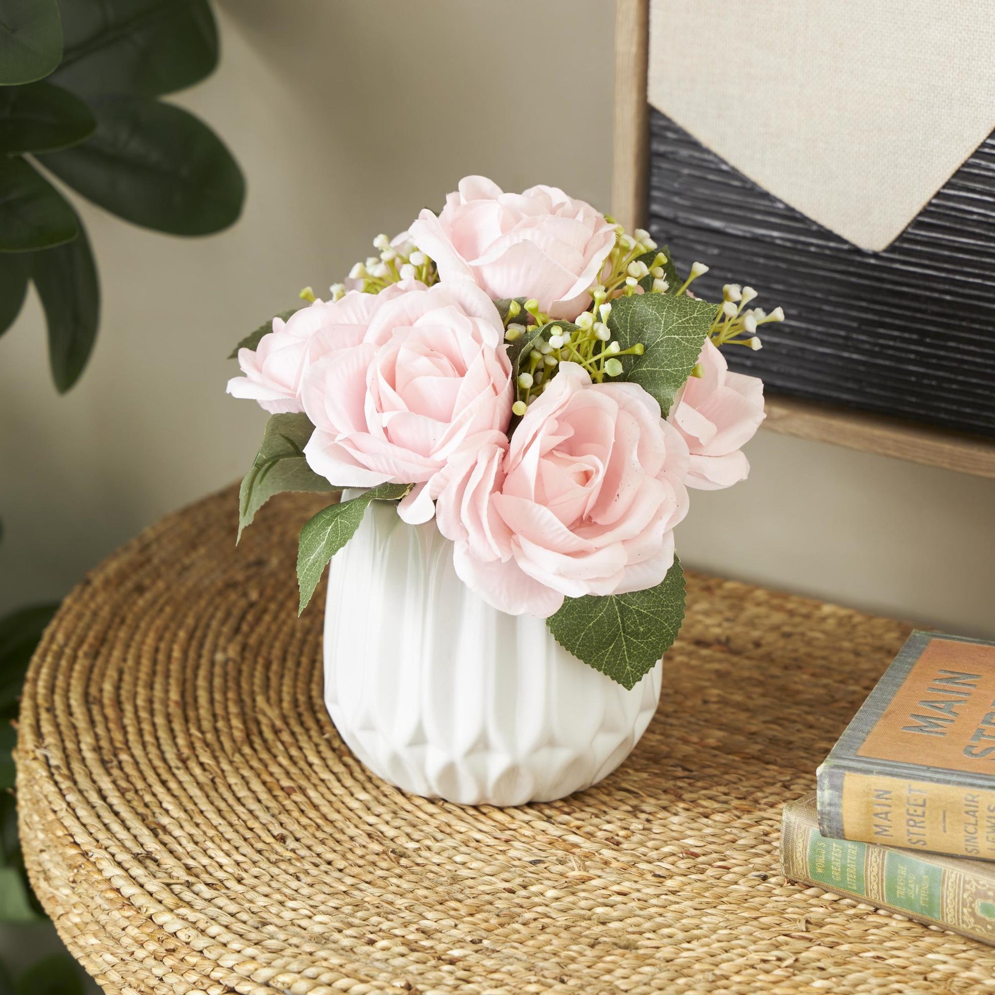 Hydrangea and Pom Pom Pink Fabric Indoor Outdoor Artificial Flower with Green Leaves and Round Ceramic Vase