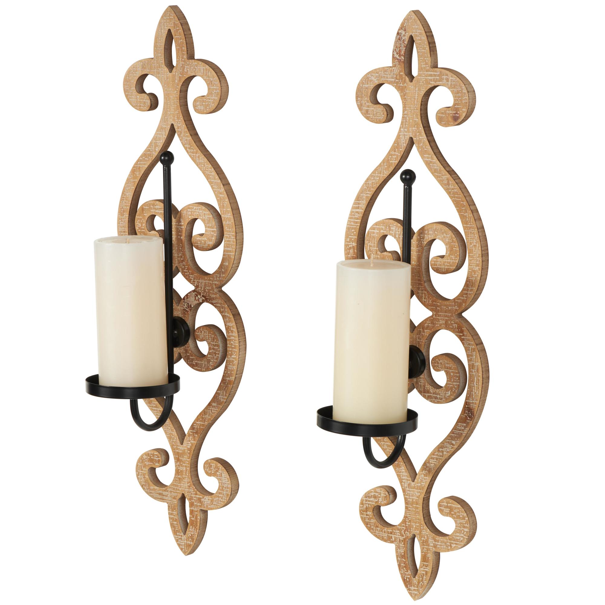 Set of 2 Scroll Light Brown Wooden Distressed Washed Indoor Outdoor Wall Sconce with Black Metal Candle Plate