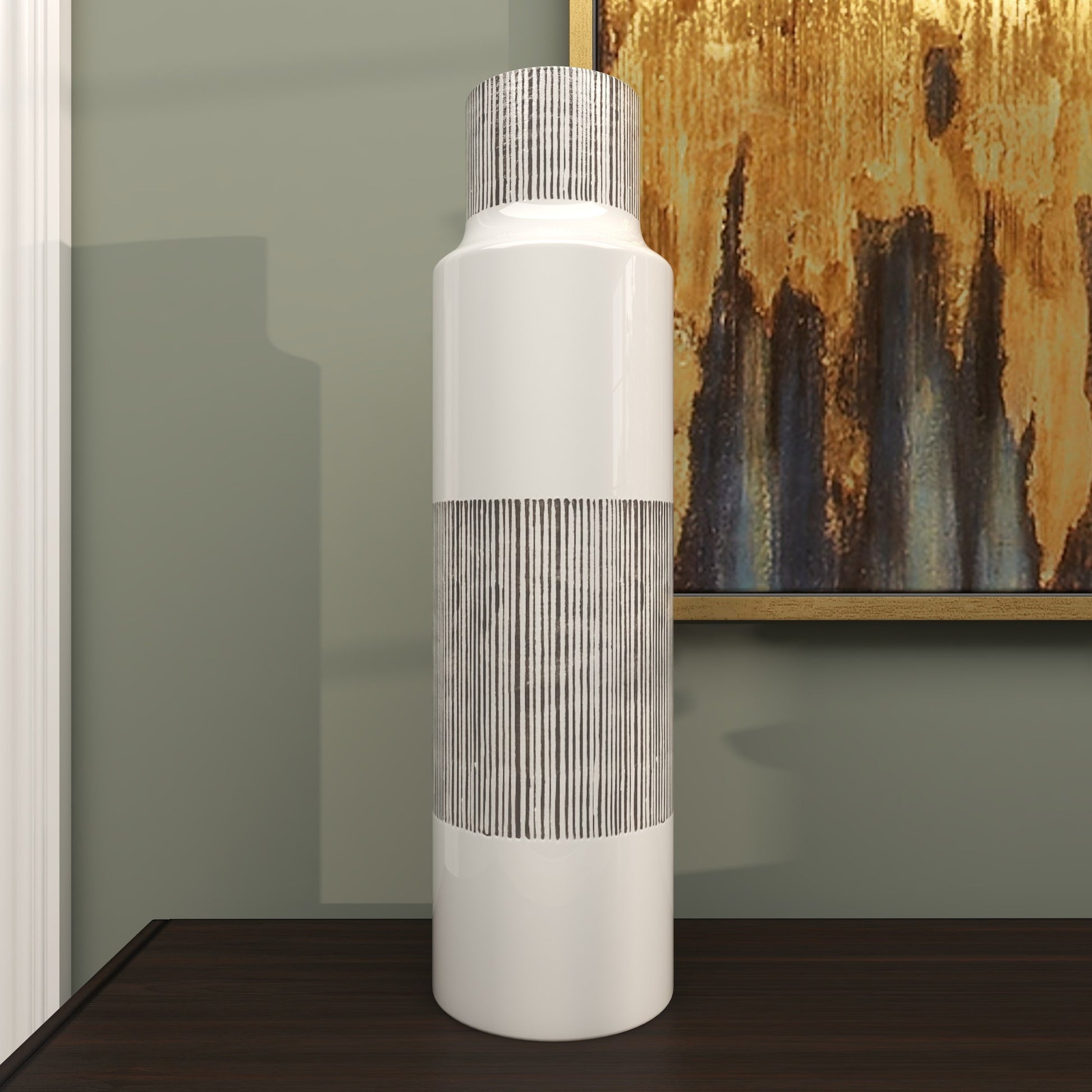 CosmoLiving by Cosmopolitan White Ceramic Handmade Decorative Vase with Gray Striped Accents